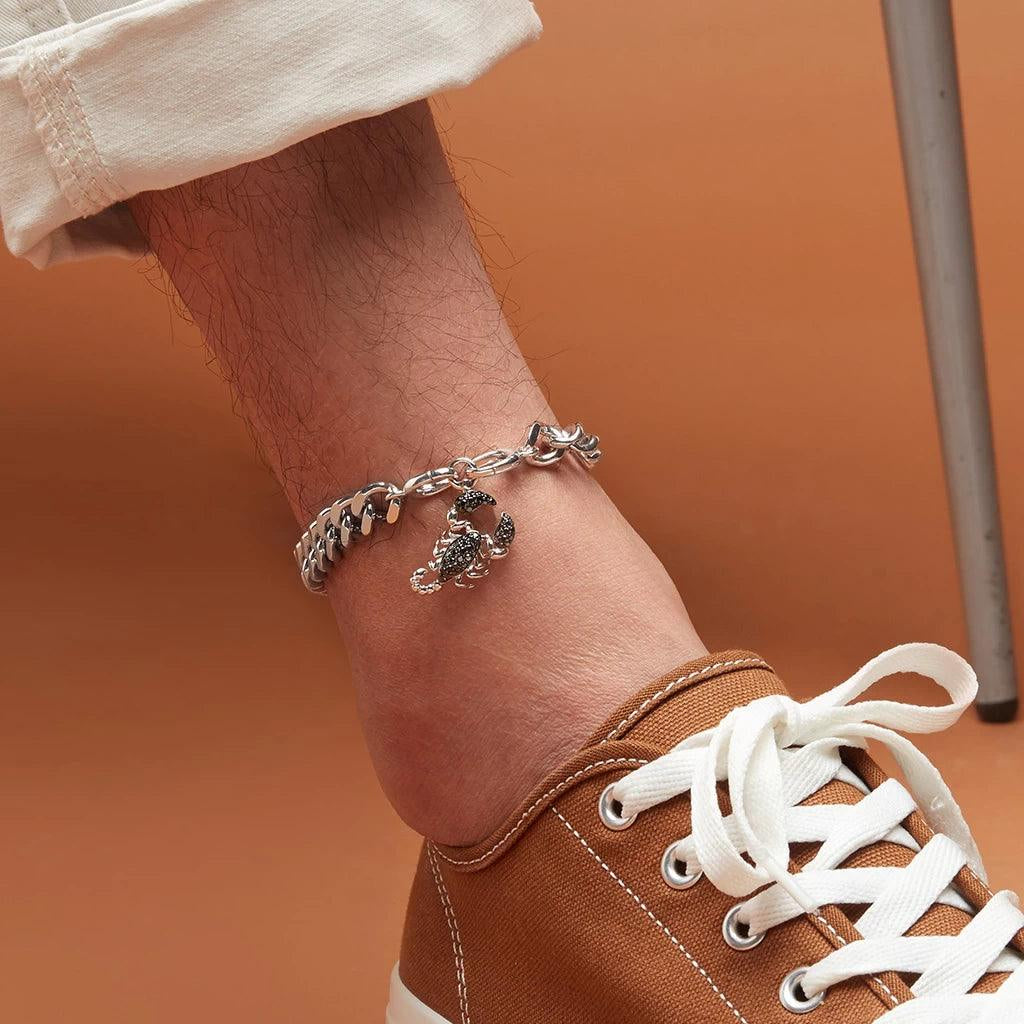 Men’s sterling silver anklet with black diamond scorpion charm for bold styling