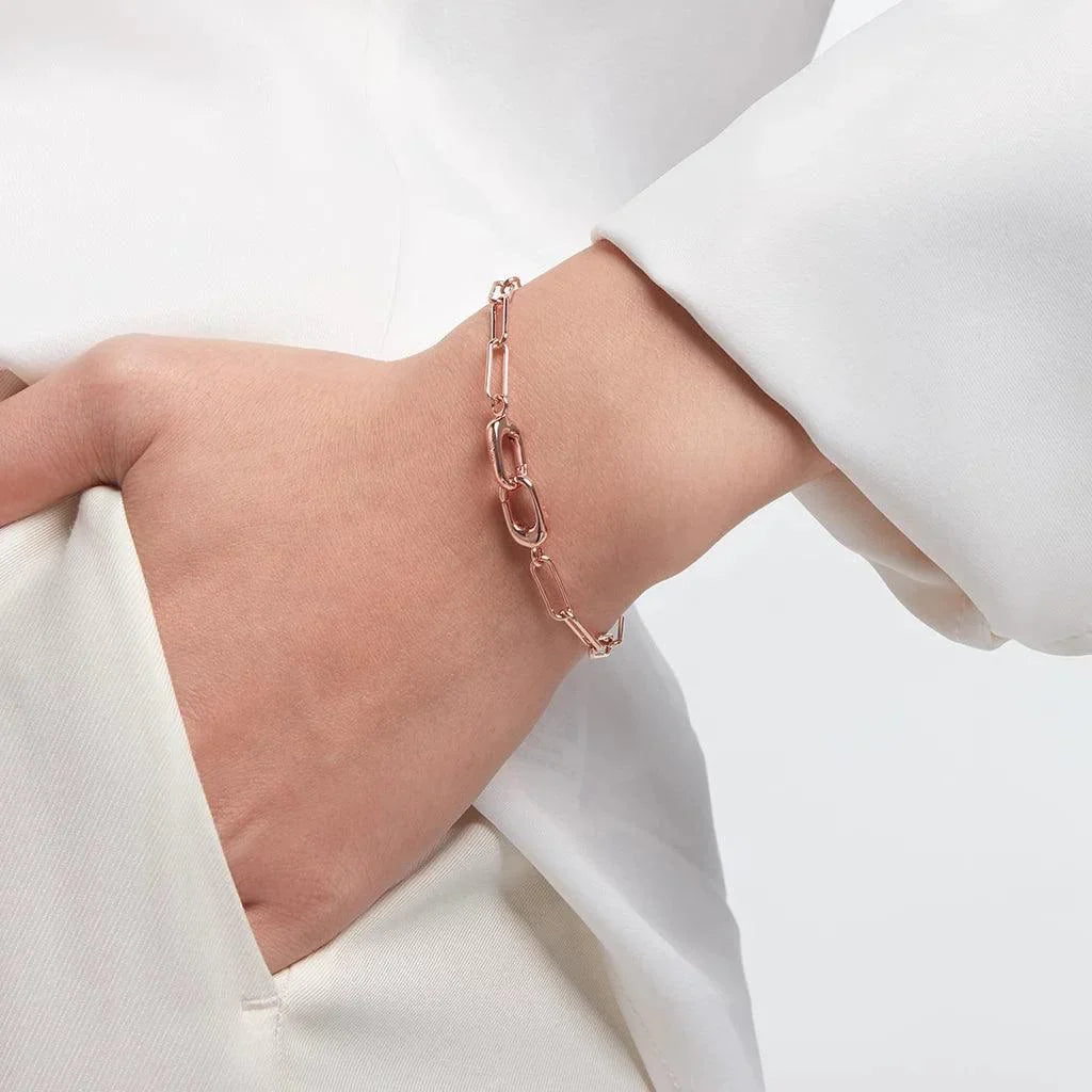 Rose gold chunky link bracelet worn on wrist – statement chain bracelet for everyday wear.