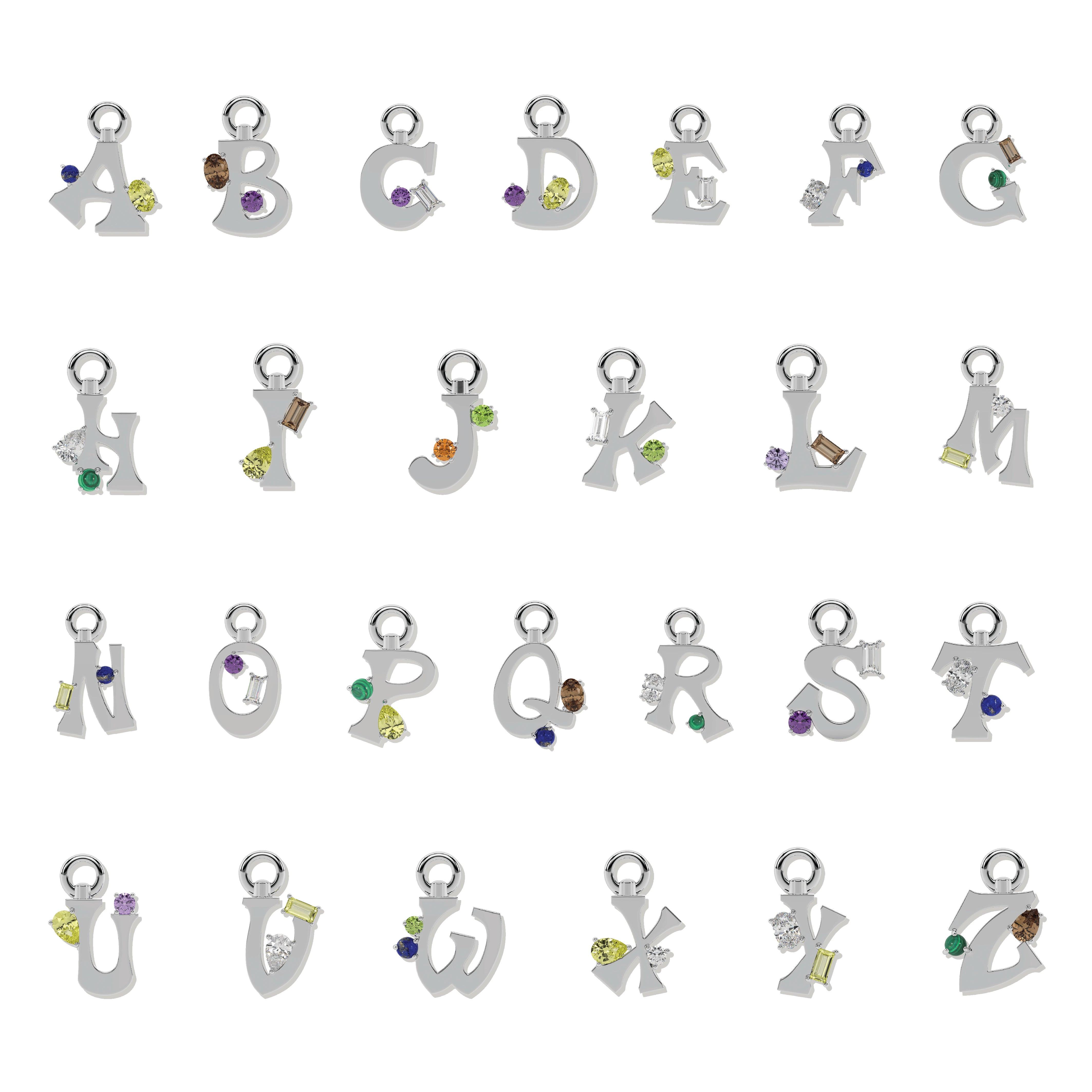 Collection of silver letter charms A–Z, each accented with colorful gemstones.