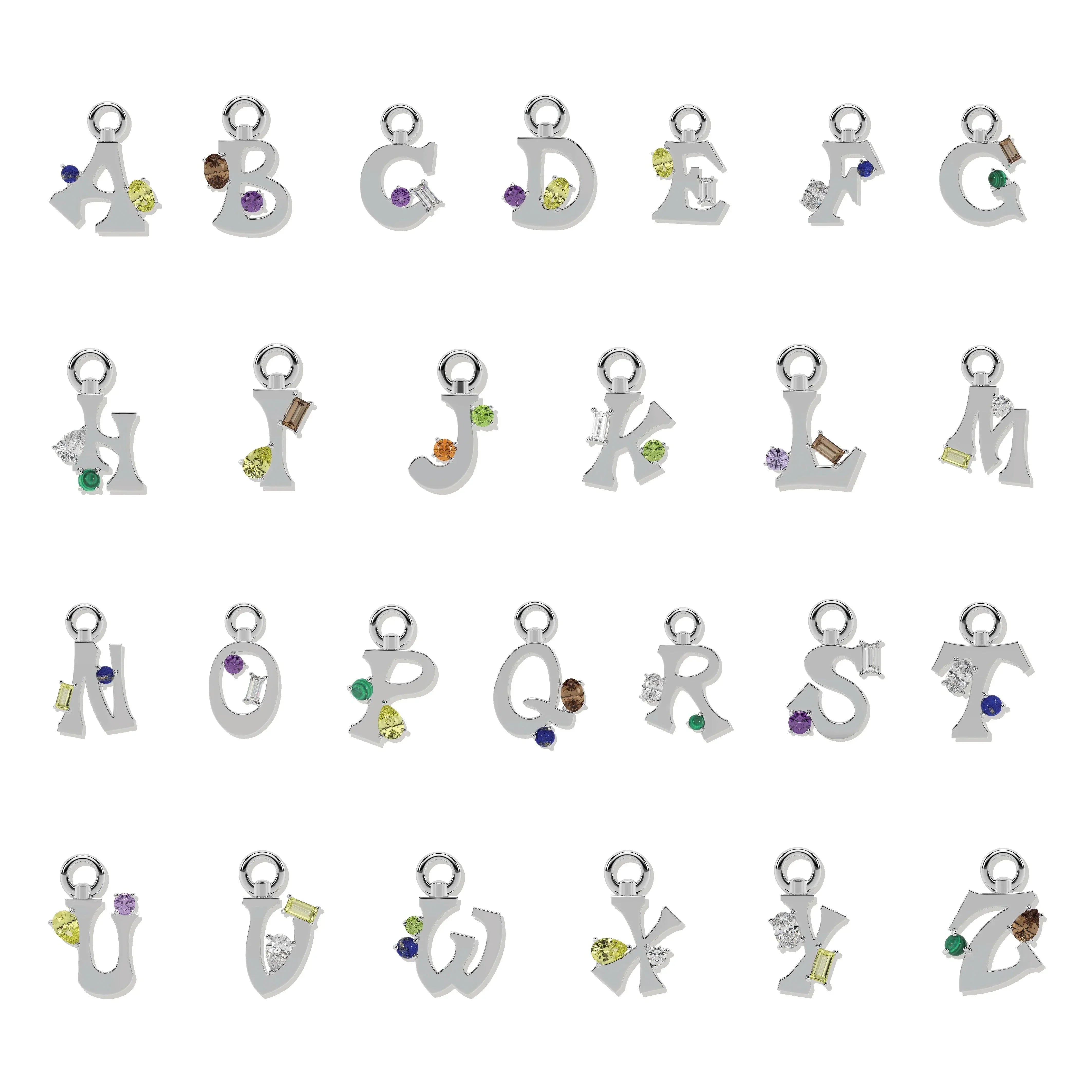 Collection of silver letter charms A–Z, each accented with colorful gemstones.