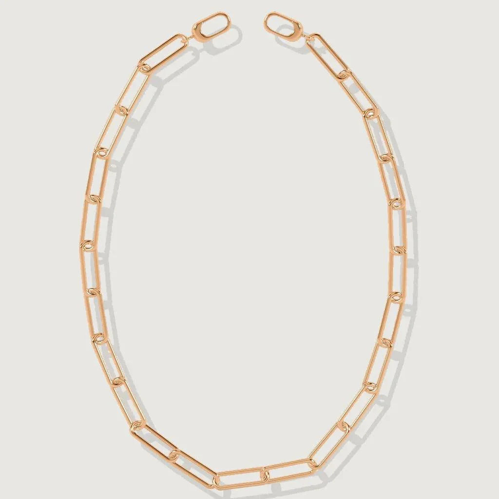 Flat-lay of chunky rose gold choker chain with open paperclip links.
