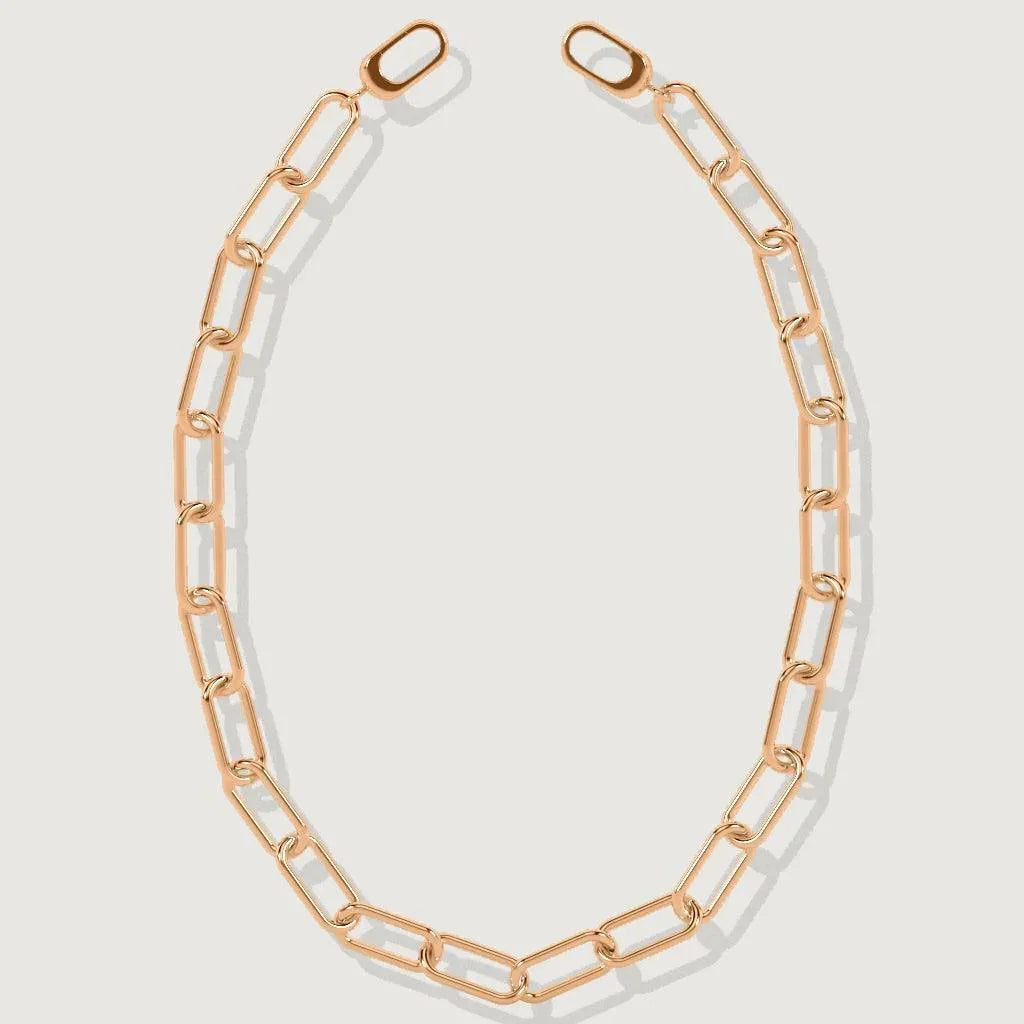 Minimal rose gold paperclip chain choker necklace on white background
