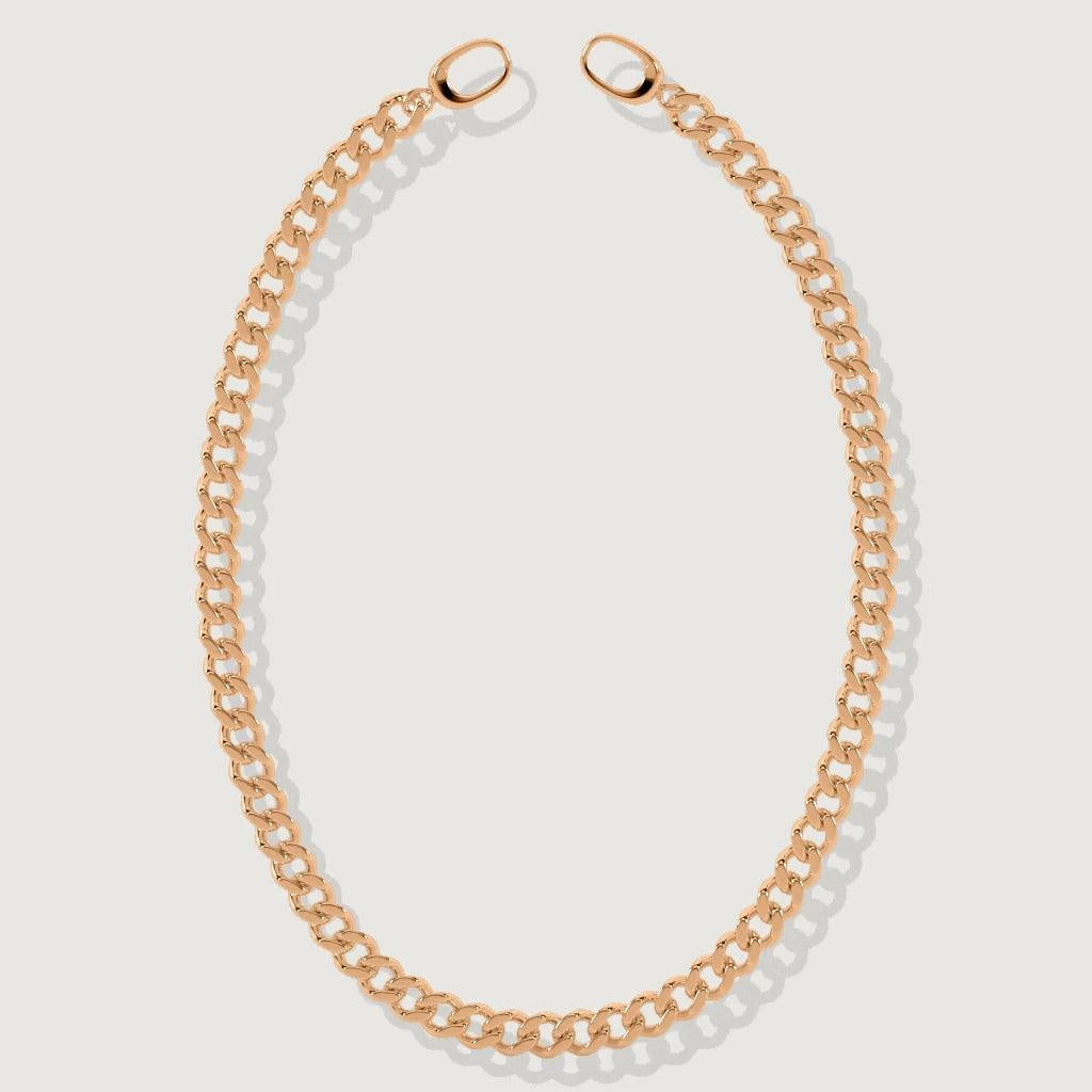 Rose gold Cuban link necklace with clasp ends, displayed on a white background.