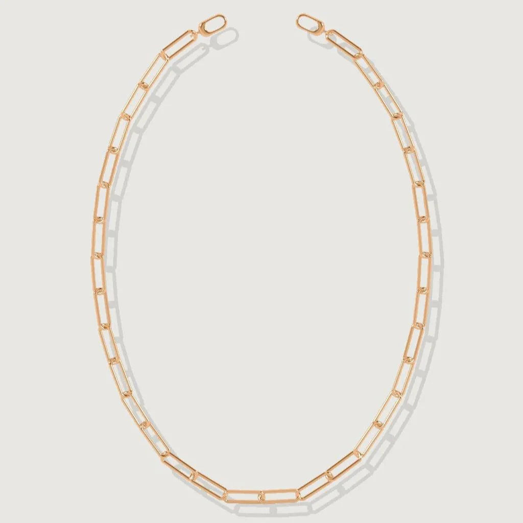 Long rose gold link necklace on white background