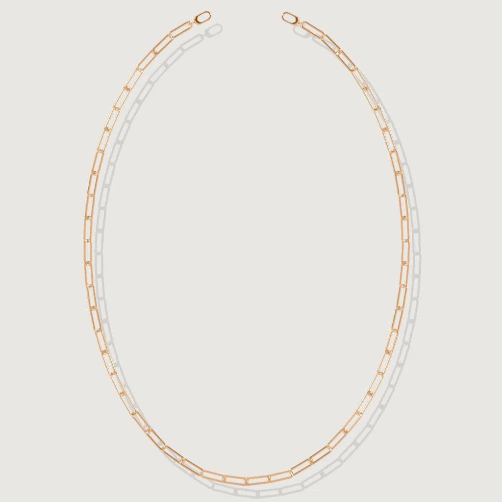 Minimal rose gold paperclip chain necklace displayed on a white background.