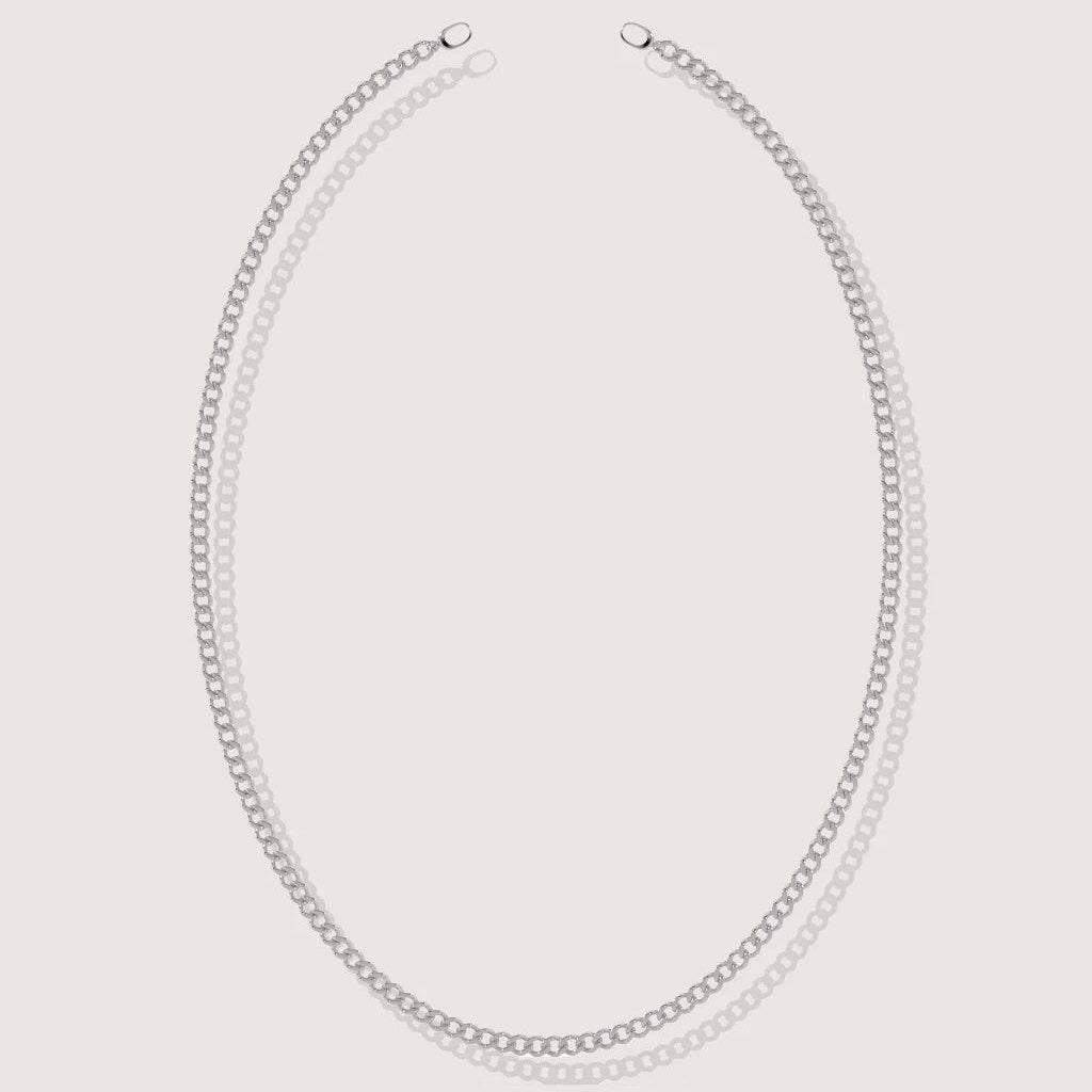 Minimalist silver chain necklace with dual clasp system on white background