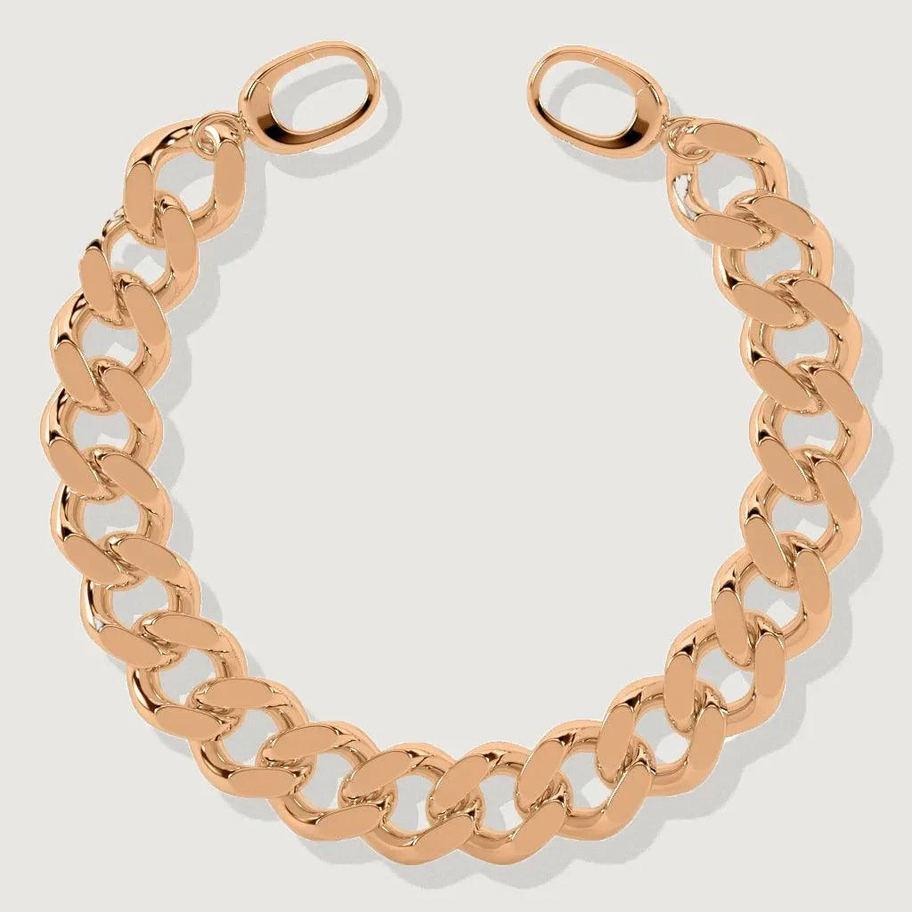 Flat lay of polished rose gold curb chain bracelet with oval clasps