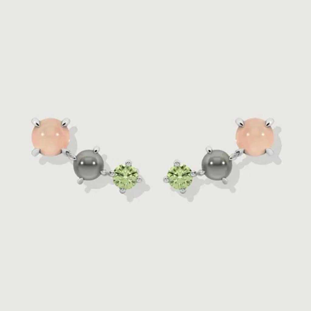 Product image of rose quartz, peridot, and grey pearl cluster stud earrings in silver setting on white background.