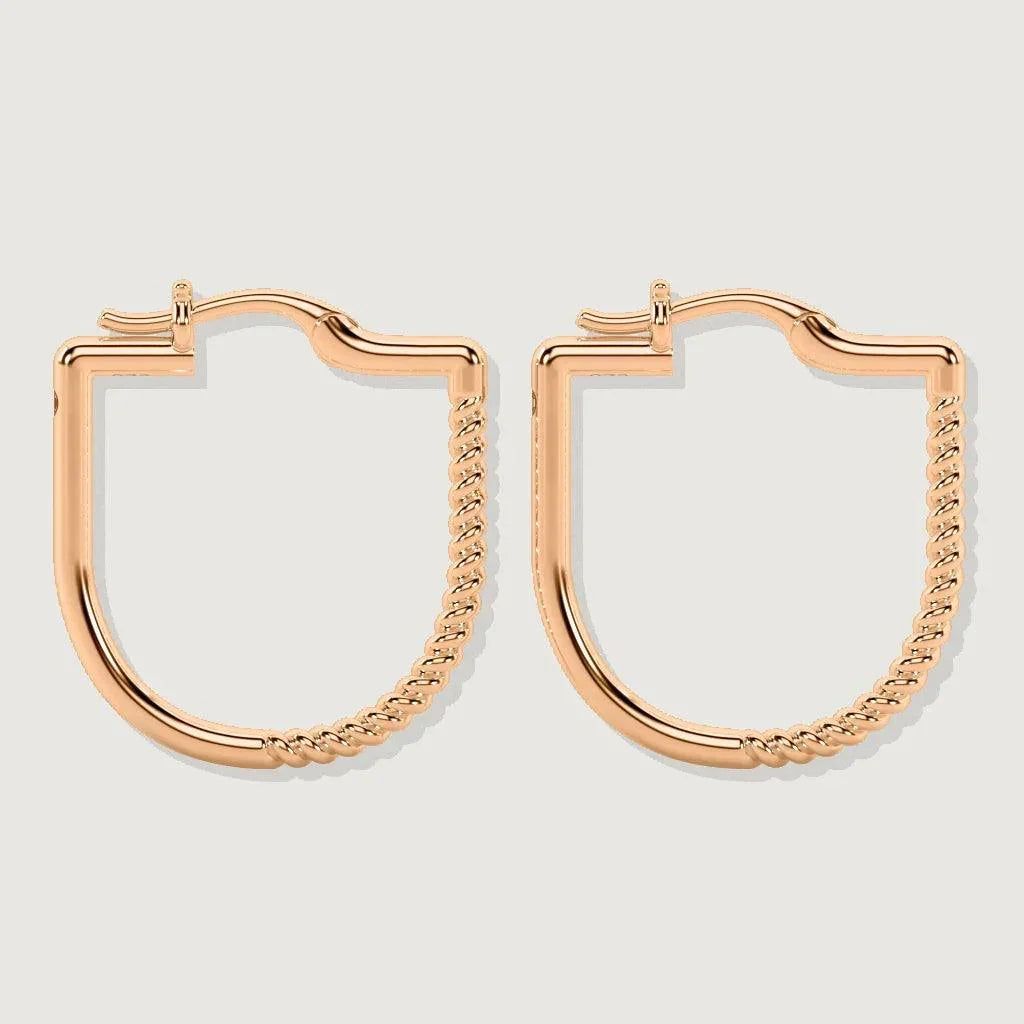 Pair of rose gold square hoop earrings with one half of each hoop featuring a twisted rope design, displayed on a light grey background.