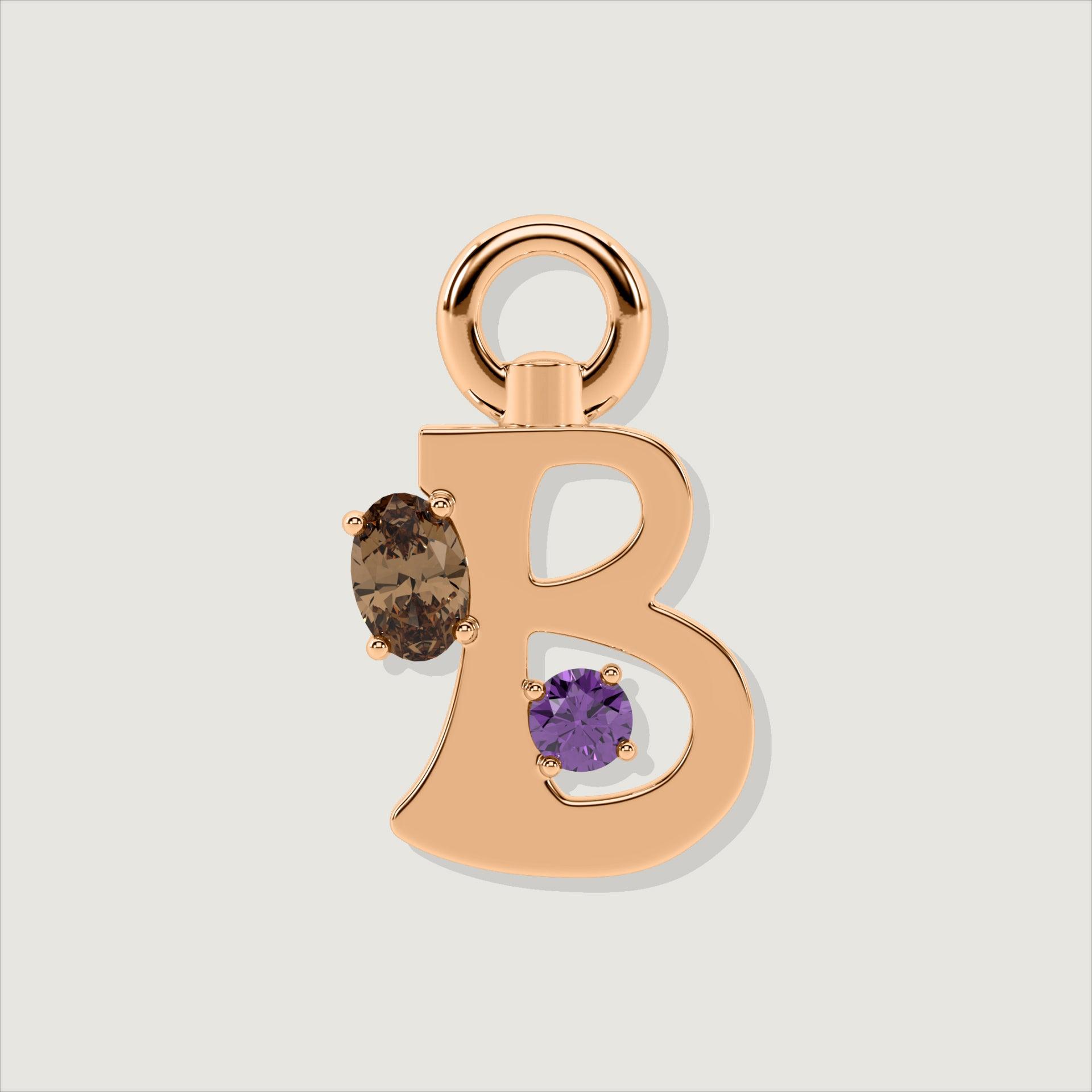 Rose gold letter B charm with oval smoky quartz and round amethyst stones.