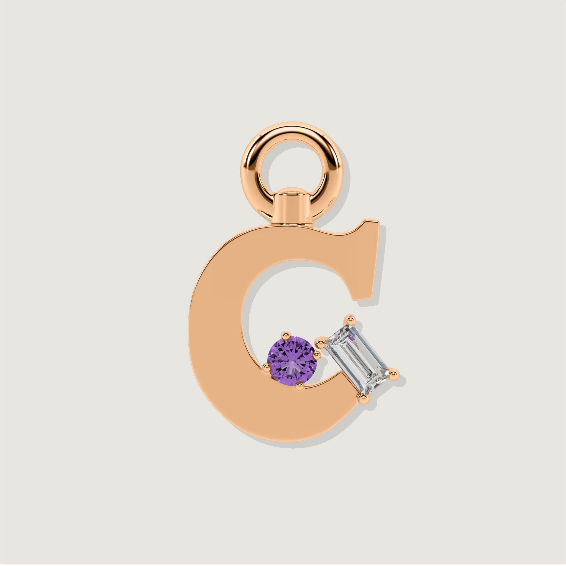 Rose gold letter C charm with round amethyst and baguette-cut clear stone accents.