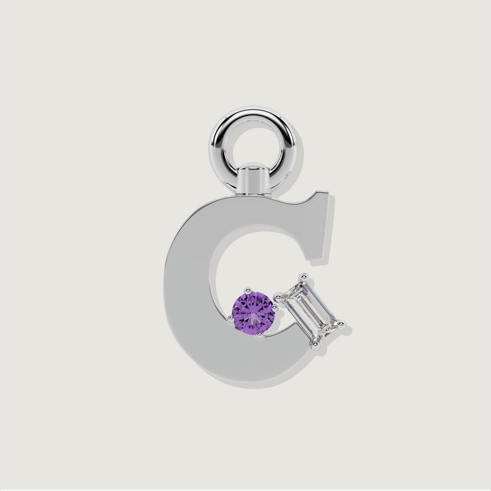 Silver letter C charm with round amethyst and baguette-cut clear stone accents.