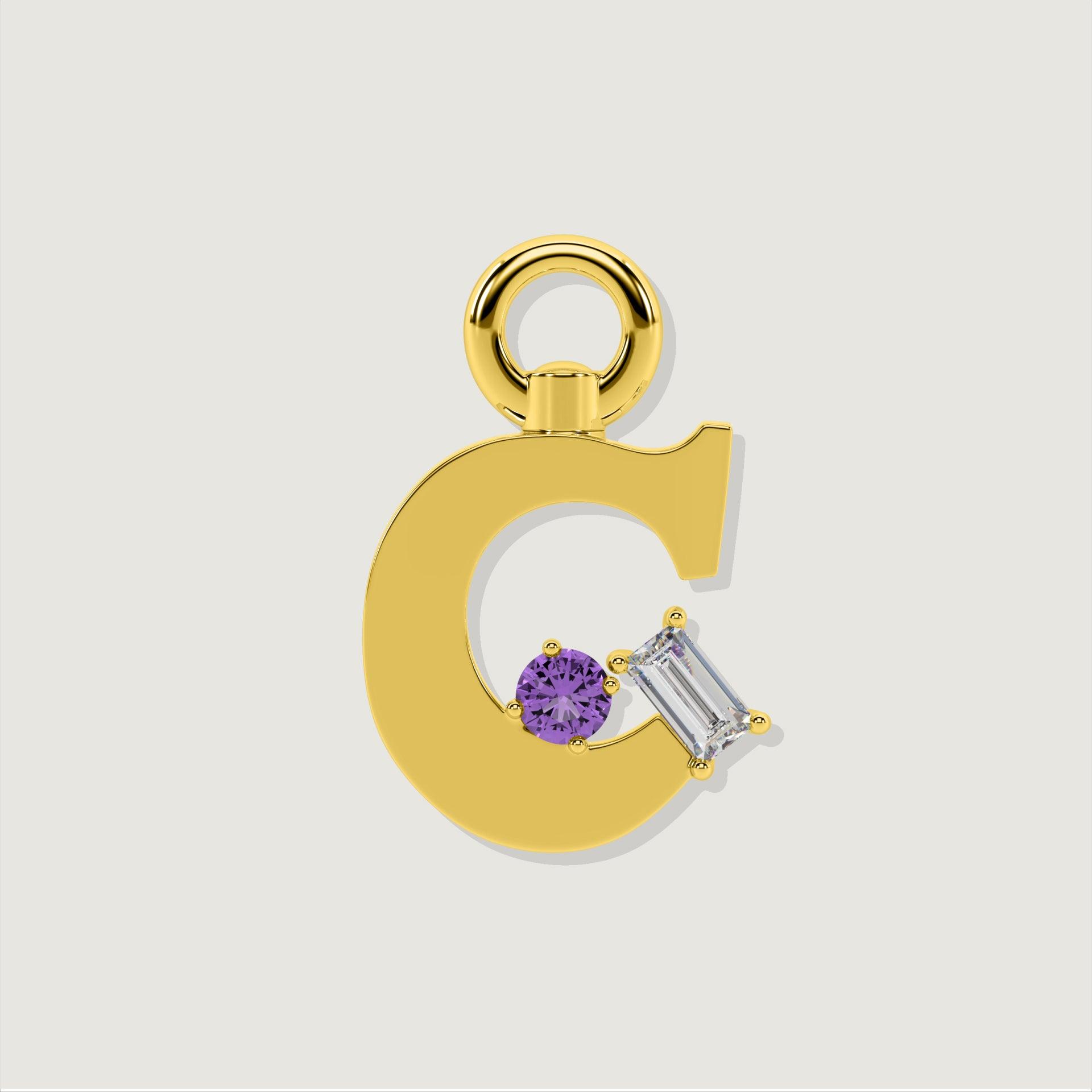 Gold letter C charm with round amethyst and baguette-cut clear stone accents.