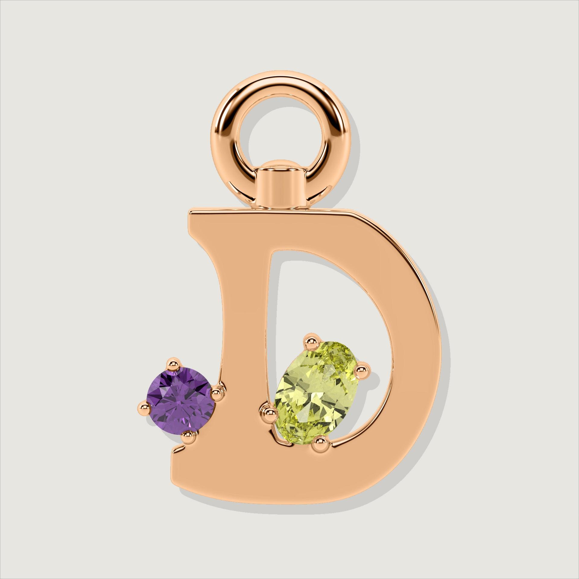 Rose gold letter D charm set with round amethyst and oval yellow gemstone.