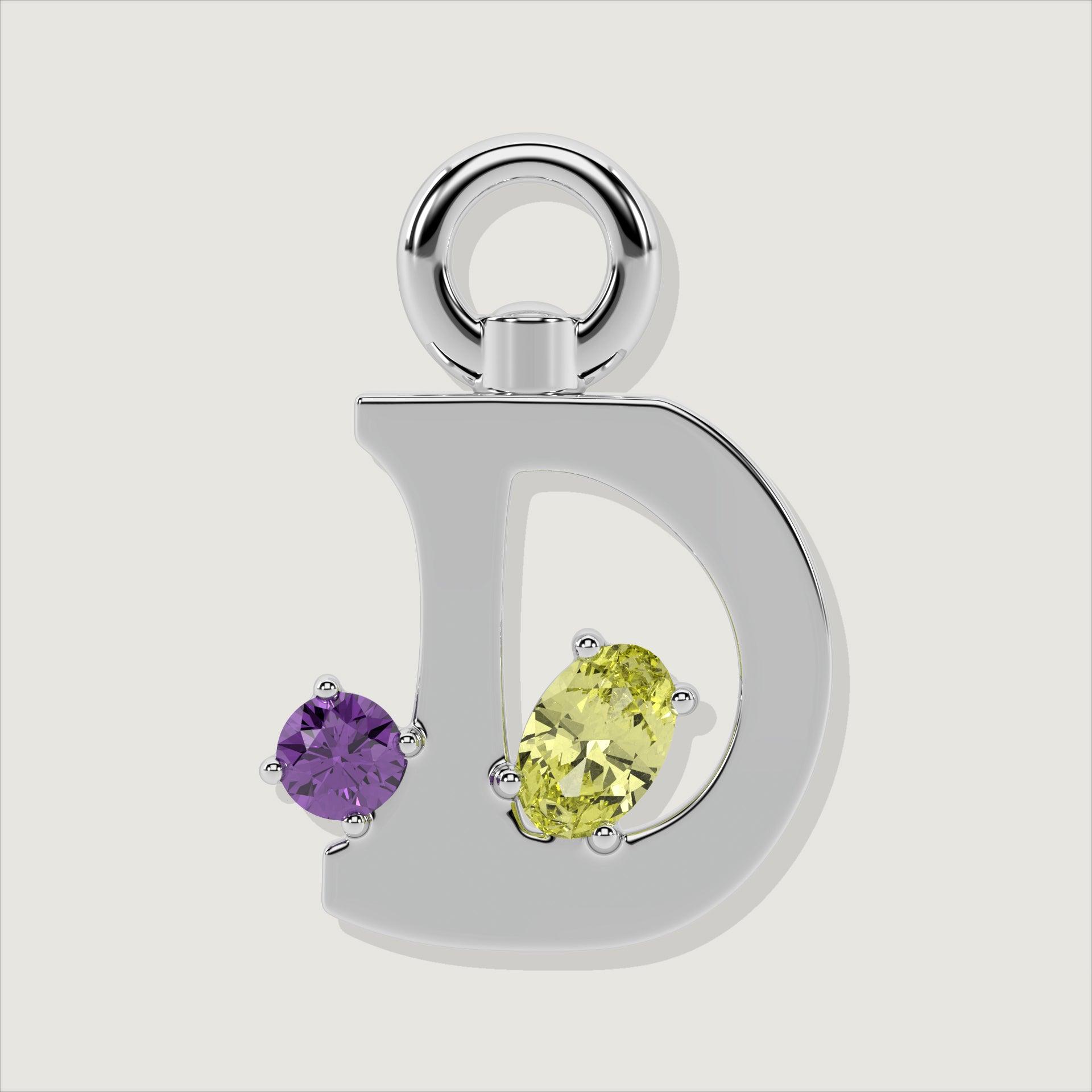 Silver letter D charm set with round amethyst and oval yellow gemstone.
