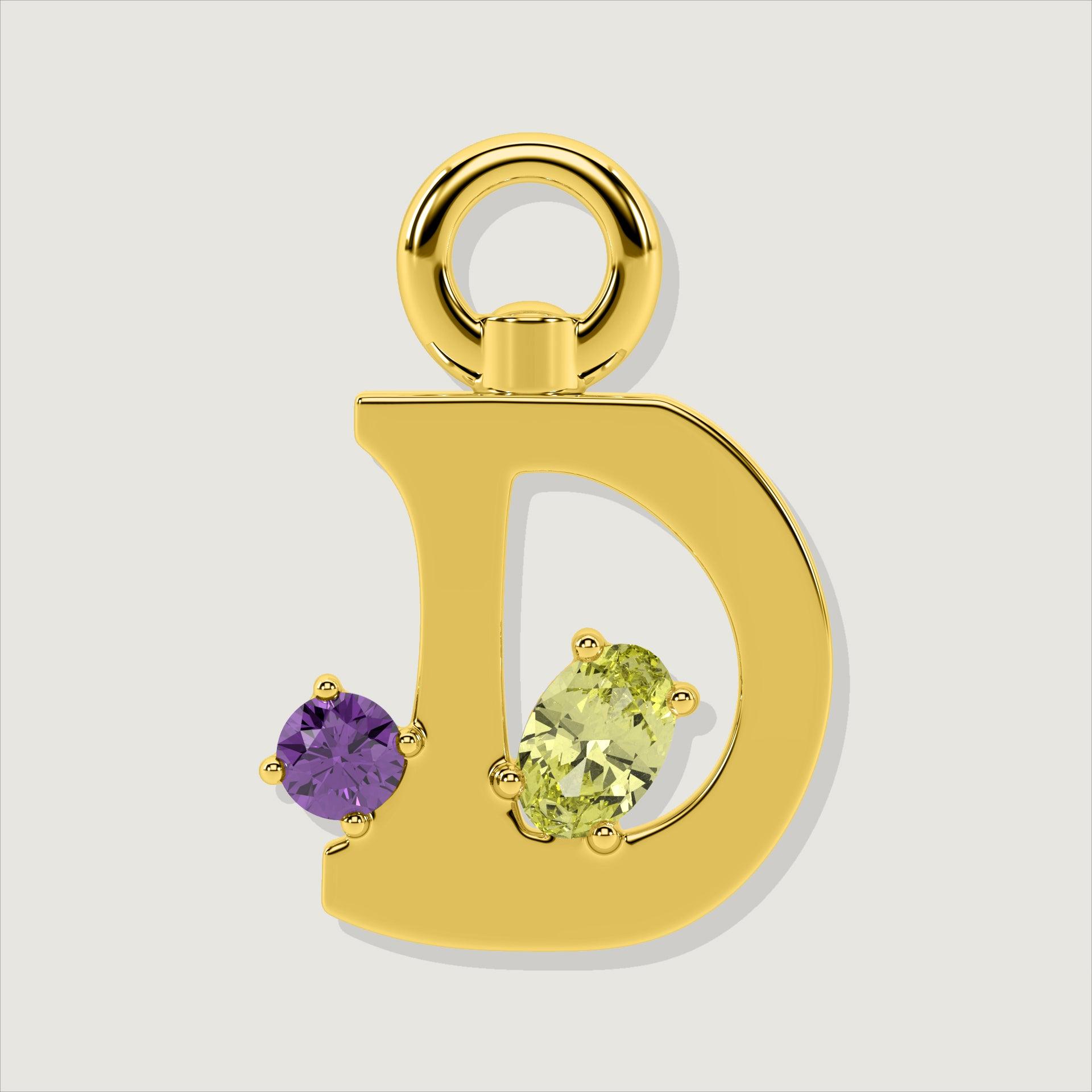 Gold letter D charm set with round amethyst and oval yellow gemstone.