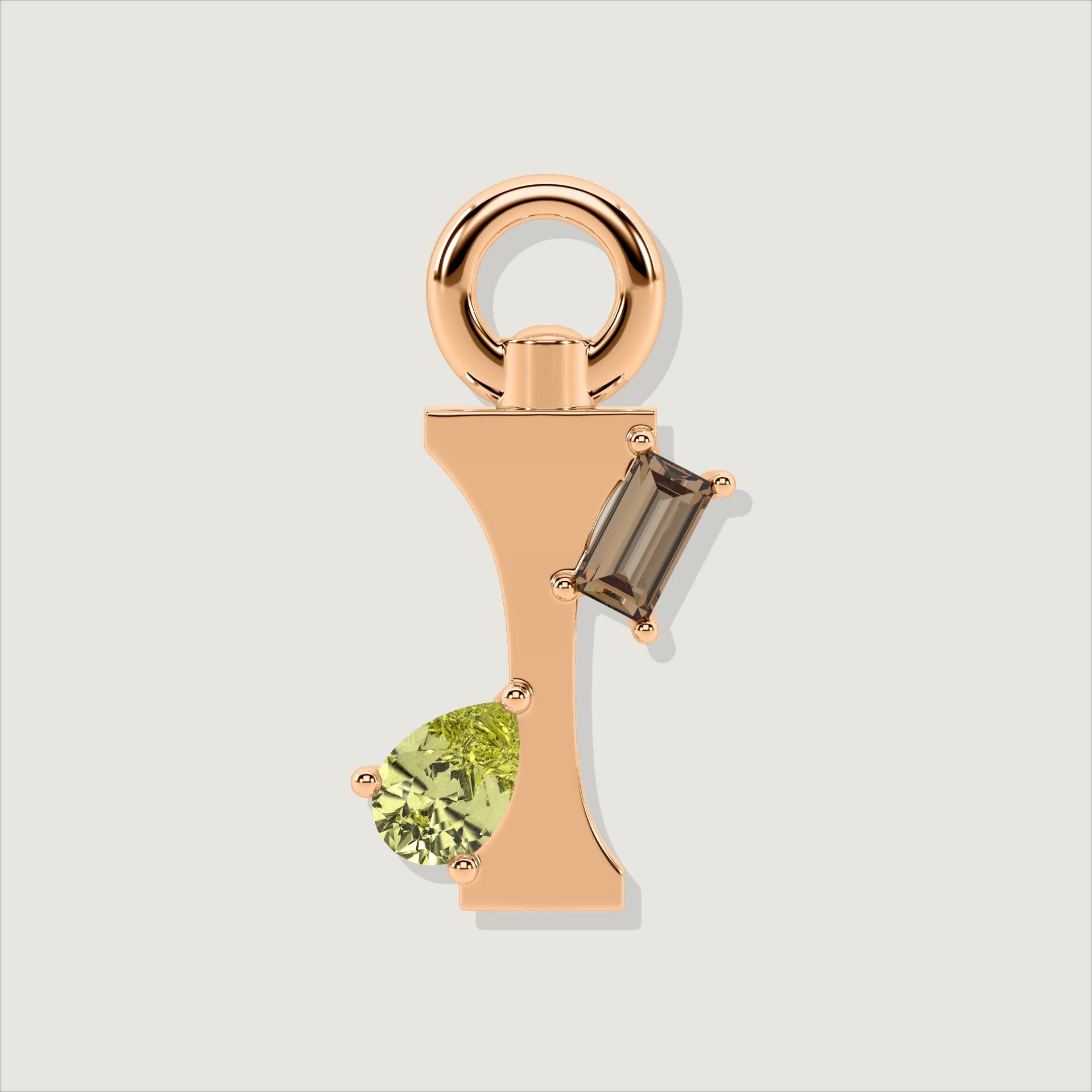 Rose gold letter I charm with pear-shaped yellow gemstone and rectangular smoky quartz.