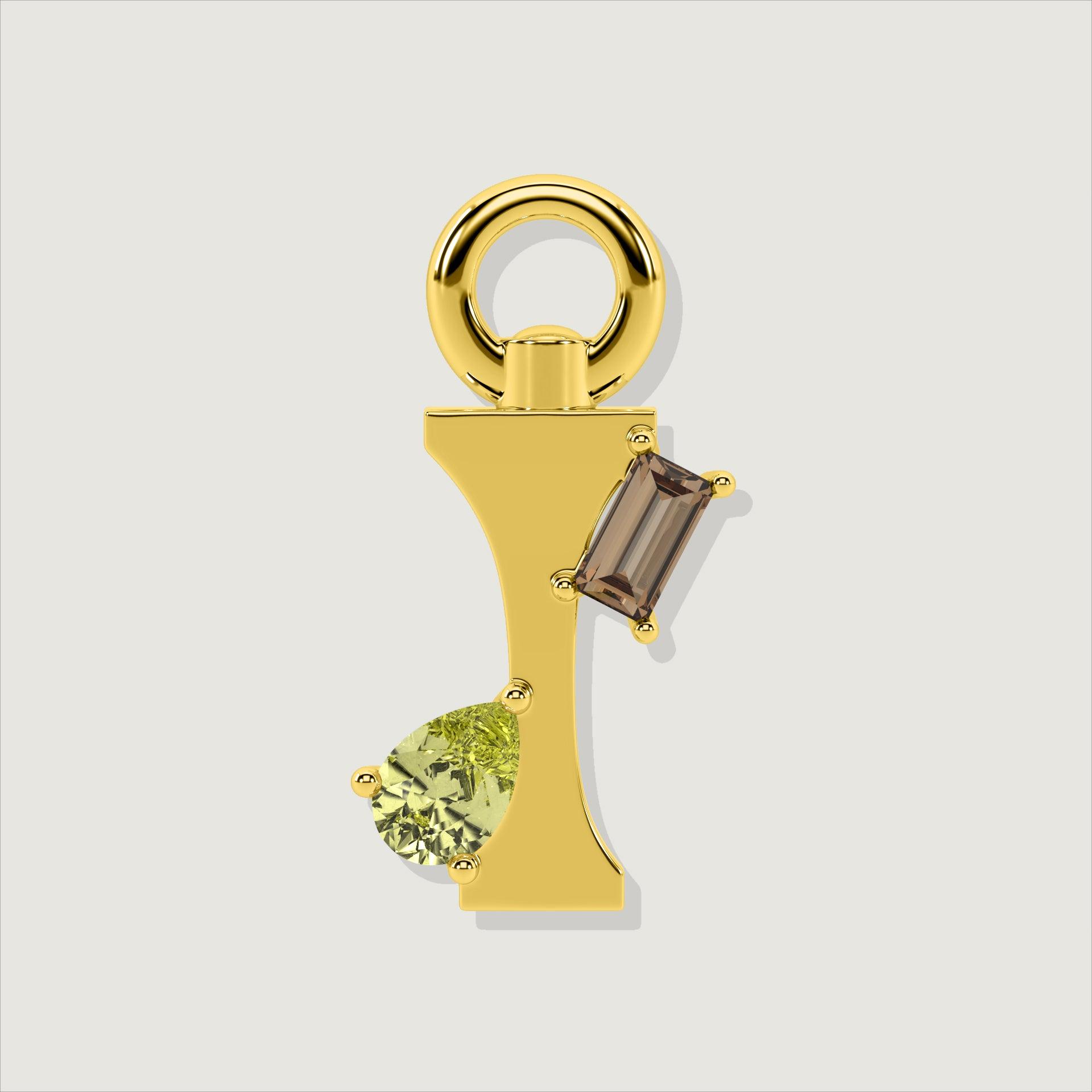 Gold letter I charm with pear-shaped yellow gemstone and rectangular smoky quartz.