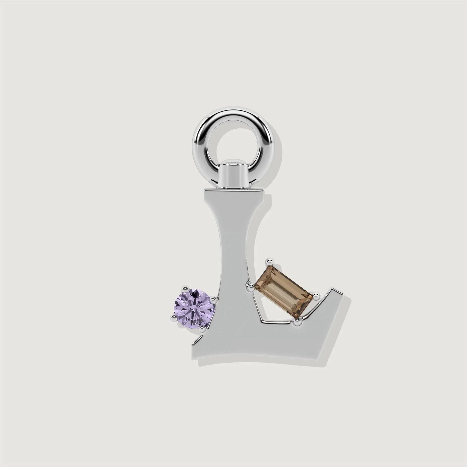 Silver letter L charm featuring a round purple gemstone and a rectangular smoky quartz.