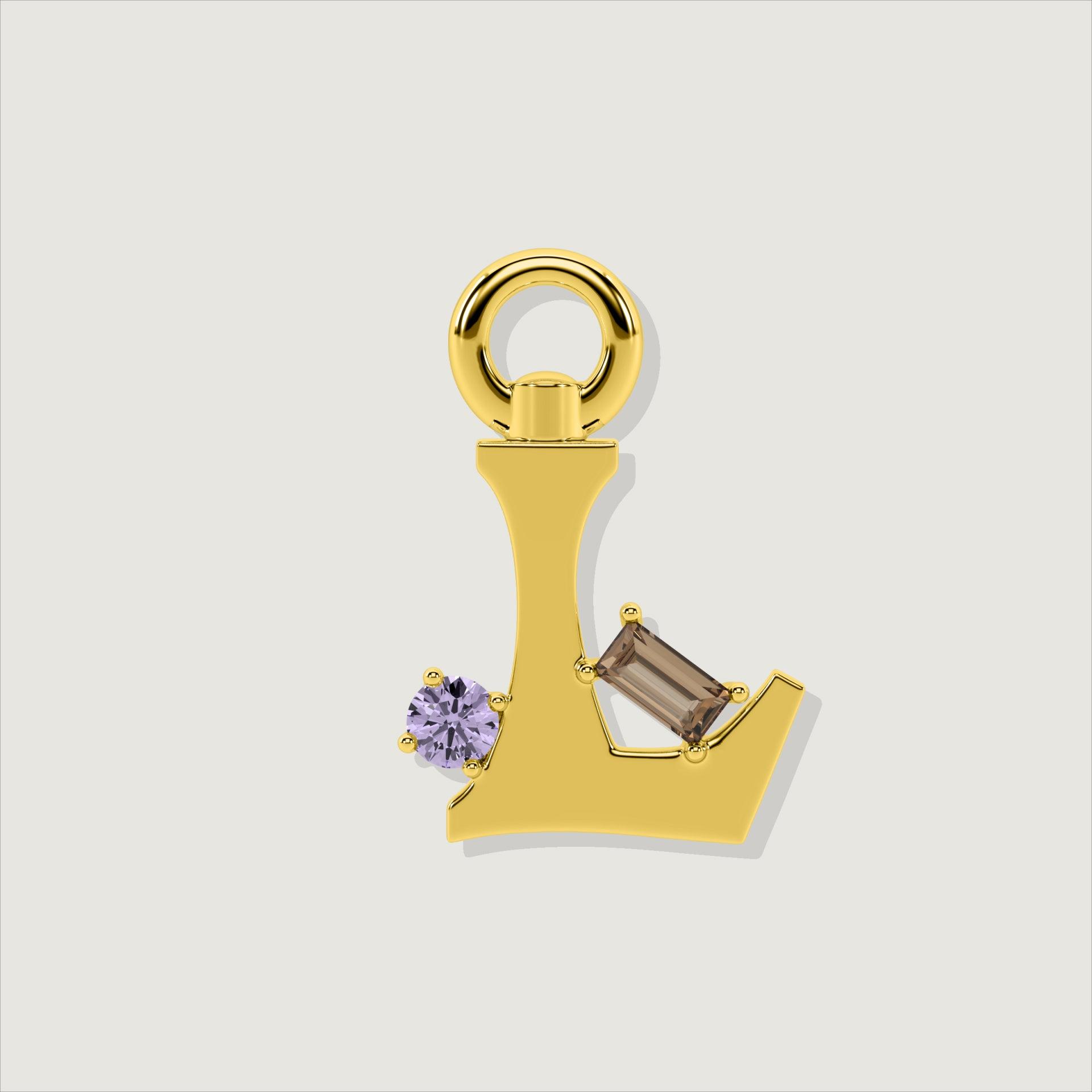 Gold letter L charm featuring a round purple gemstone and a rectangular smoky quartz.