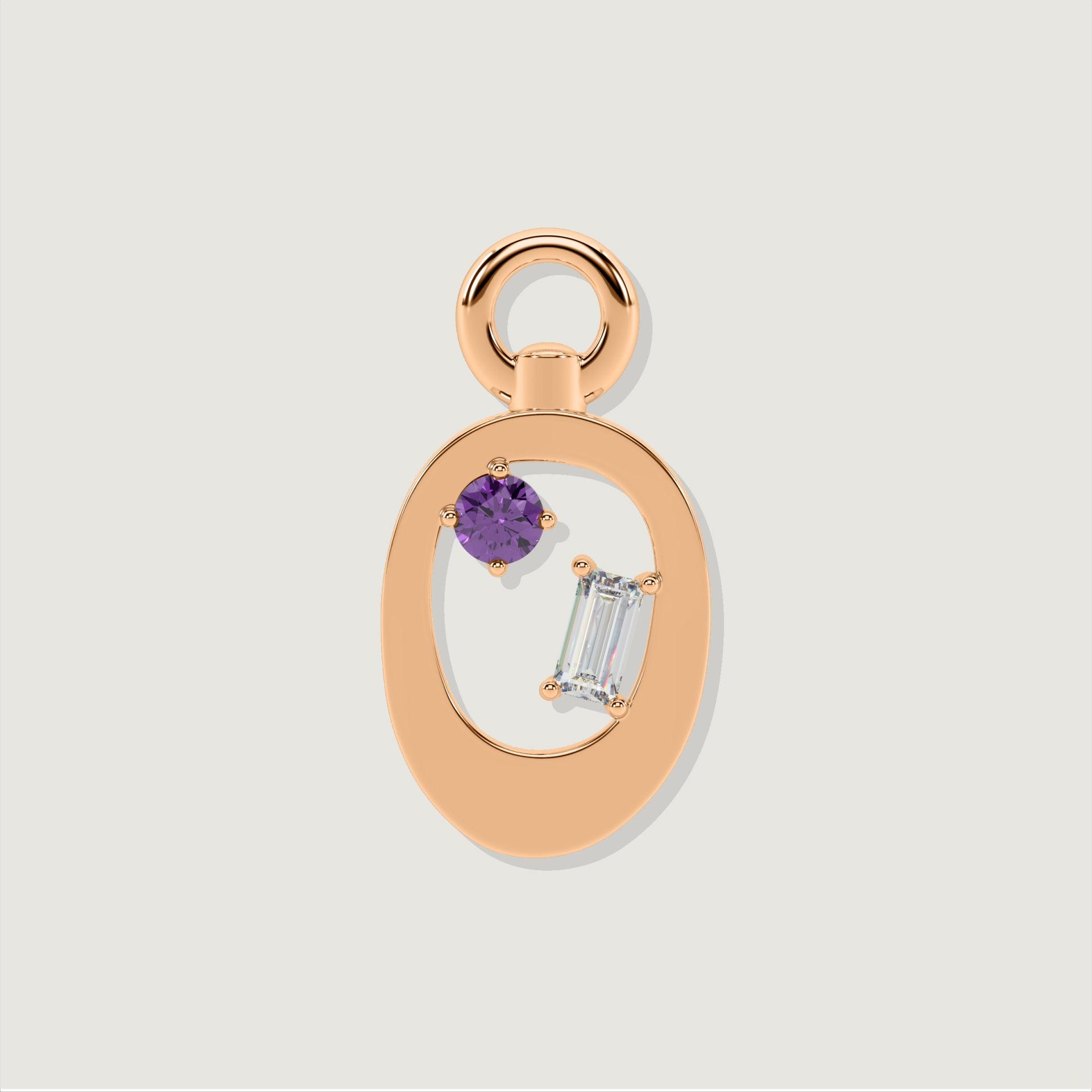 Rose gold letter O charm accented with a round purple gem and a baguette-cut clear stone.
