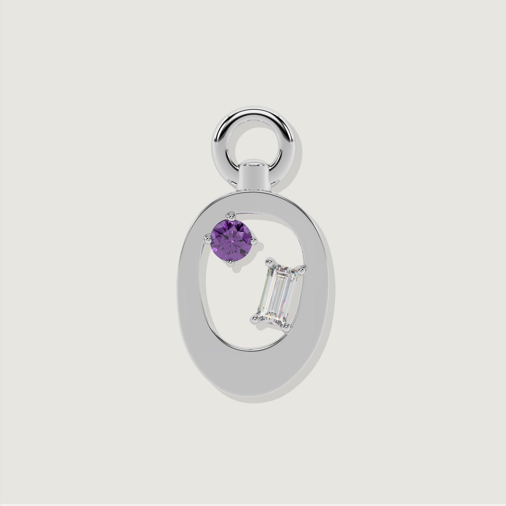 Silver letter O charm accented with a round purple gem and a baguette-cut clear stone.
