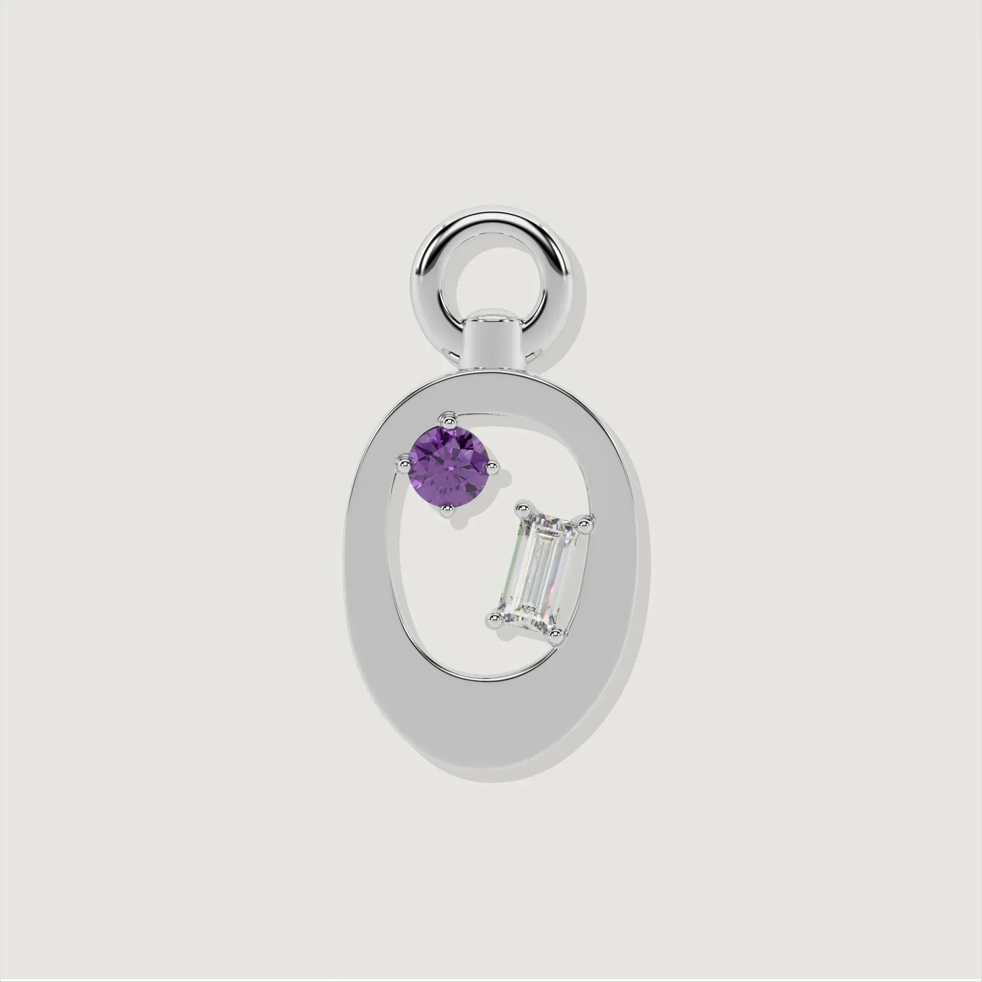 Silver letter O charm accented with a round purple gem and a baguette-cut clear stone.