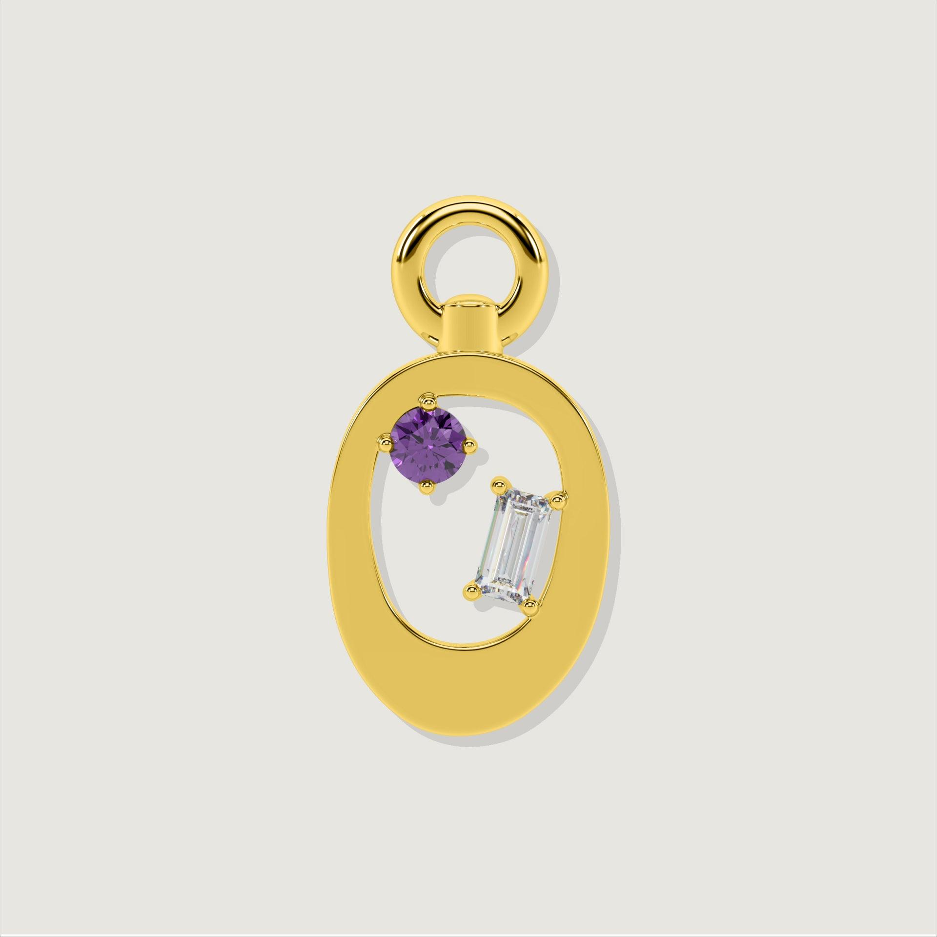 Gold letter O charm accented with a round purple gem and a baguette-cut clear stone.