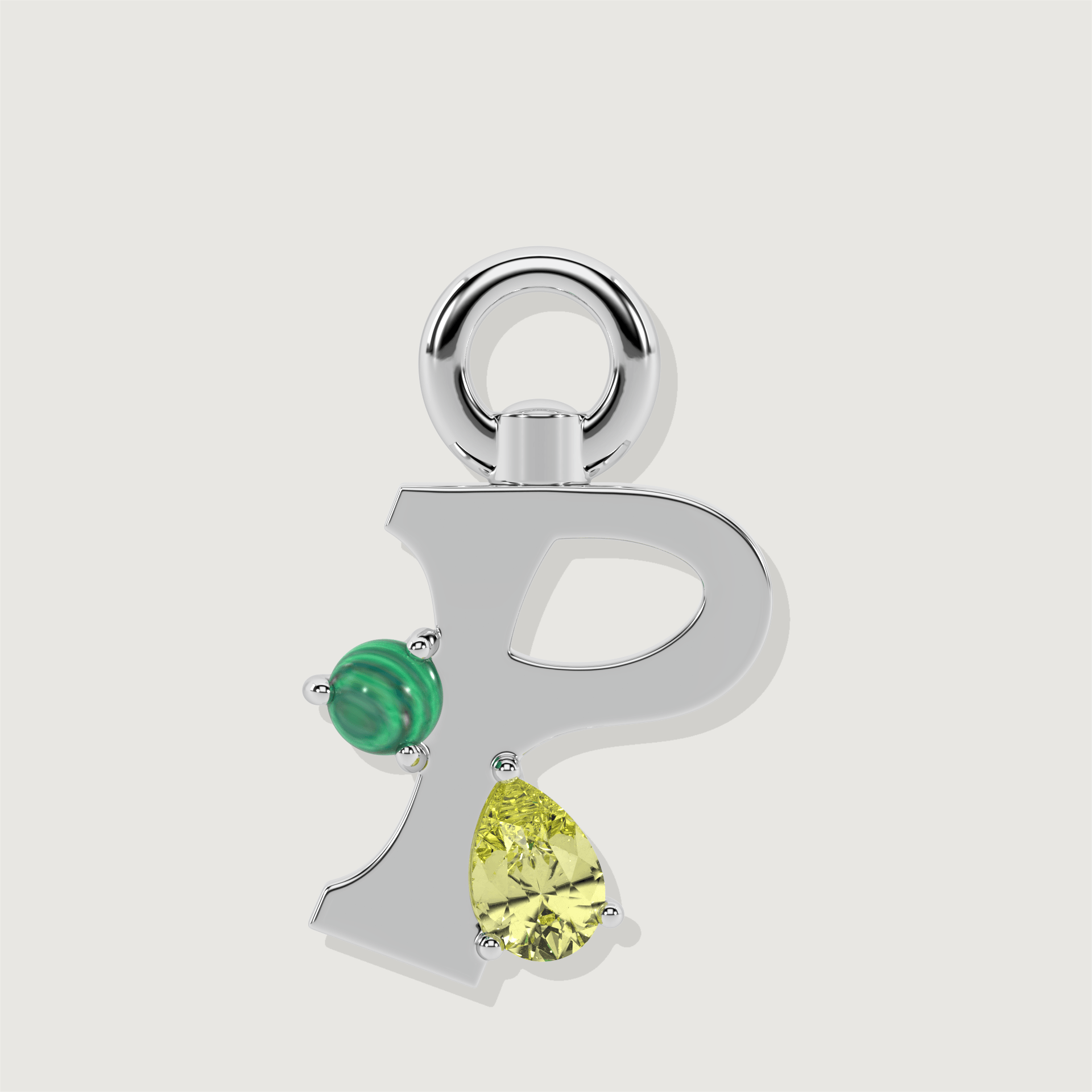 Silver letter P charm set with a green malachite sphere and a yellow pear-cut gemstone.