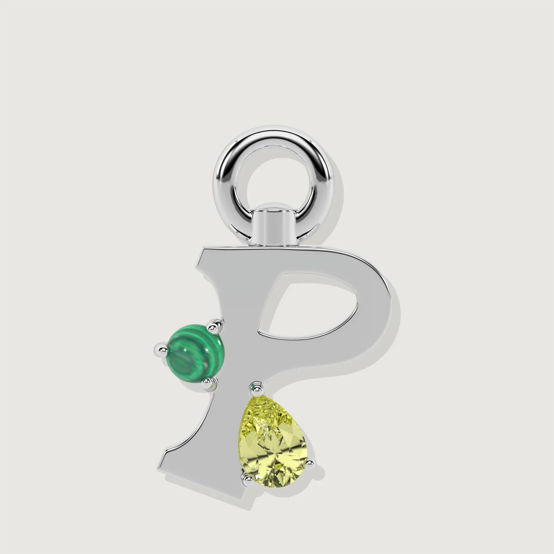 Silver letter P charm set with a green malachite sphere and a yellow pear-cut gemstone.