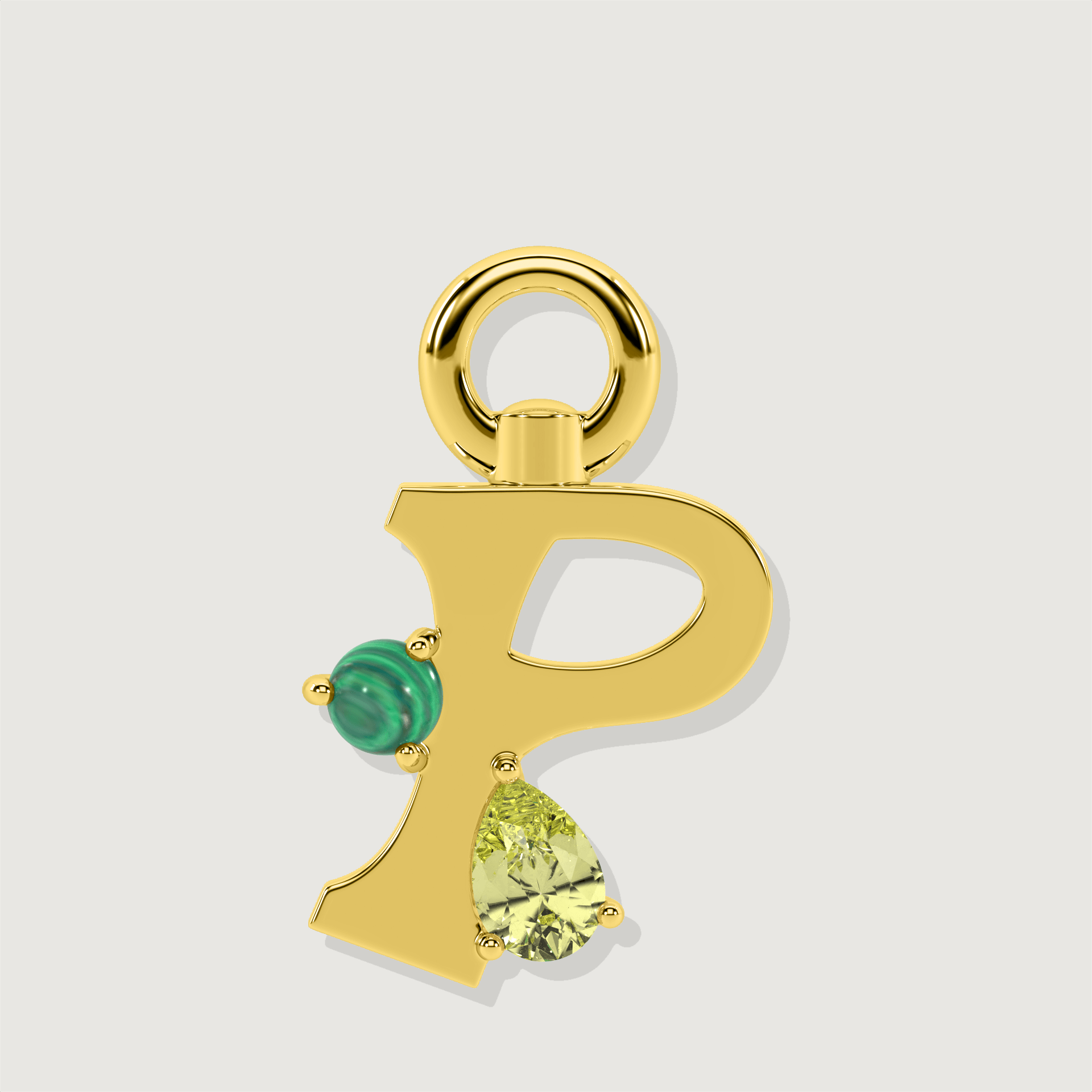 Gold letter P charm set with a green malachite sphere and a yellow pear-cut gemstone.