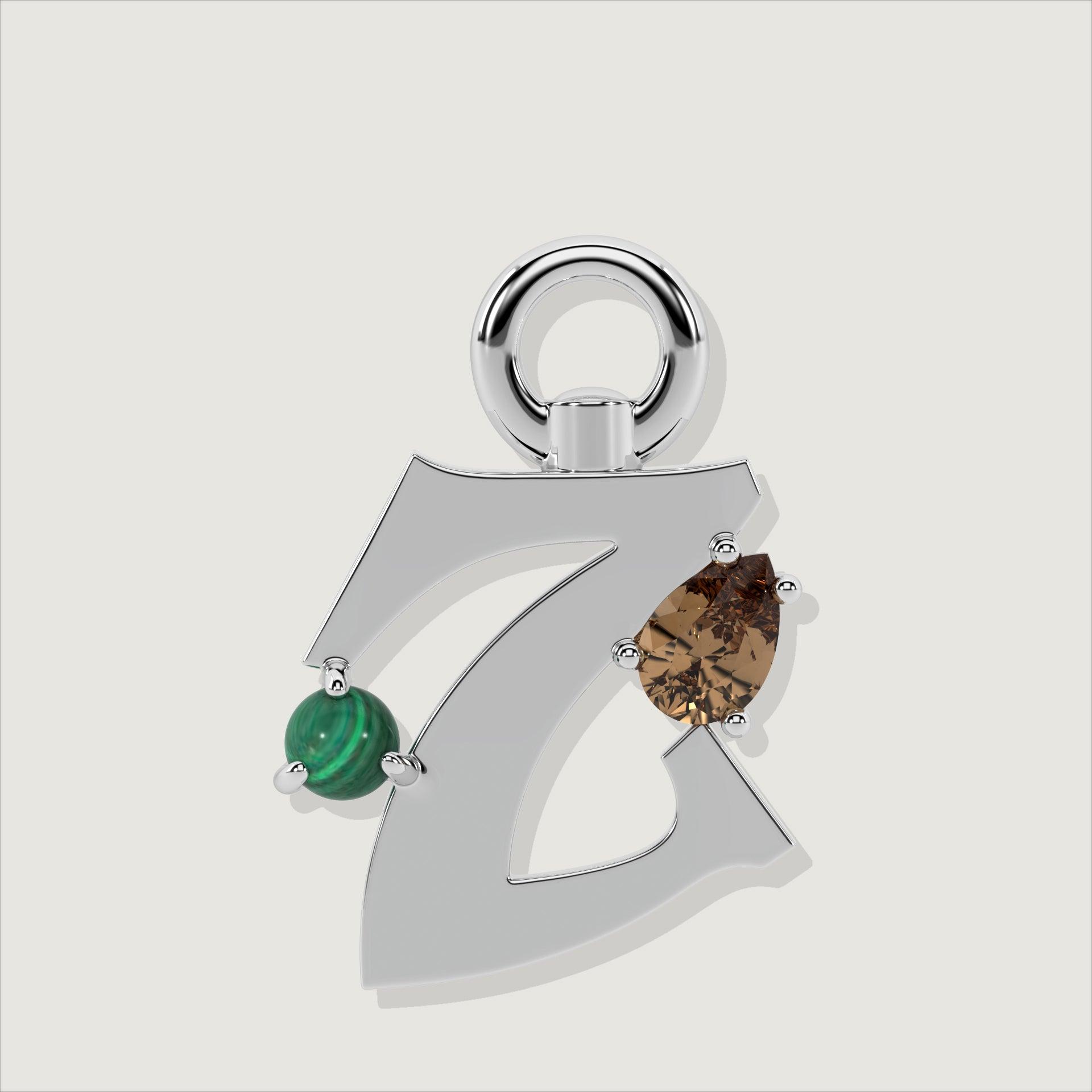 Silver letter Z charm with a round green malachite gem and a pear smoky quartz.