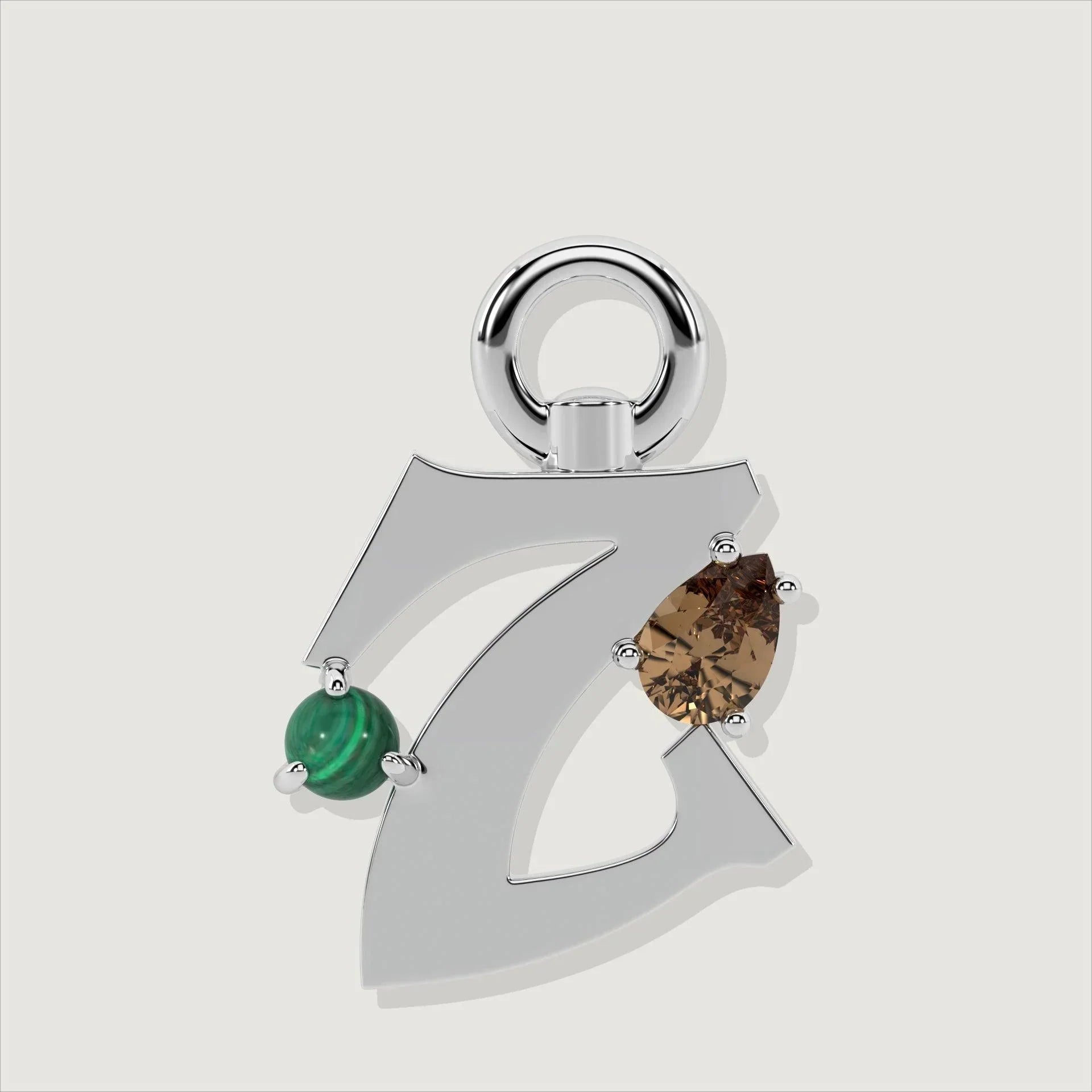 Silver letter Z charm with a round green malachite gem and a pear smoky quartz.