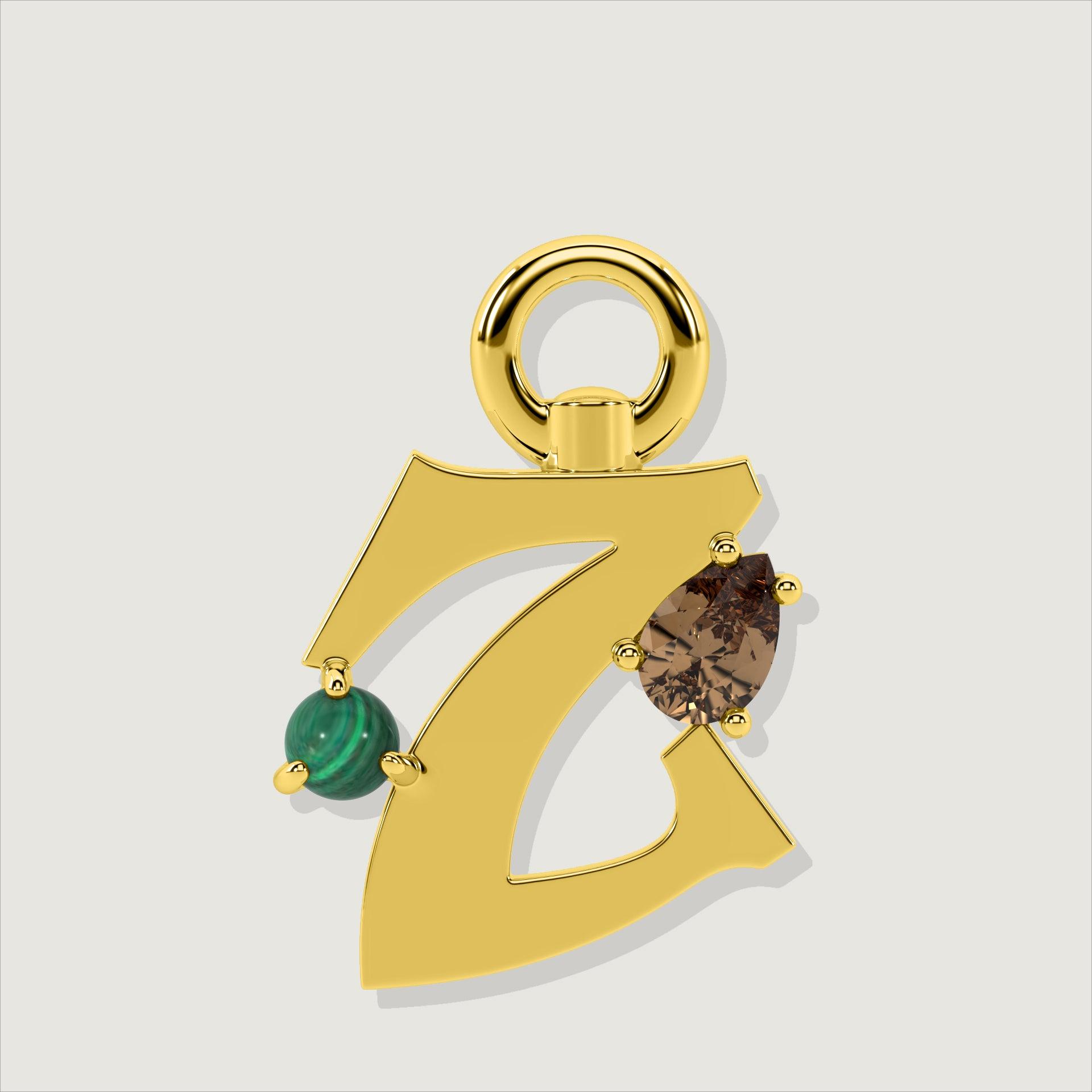 Gold letter Z charm with a round green malachite gem and a pear smoky quartz.