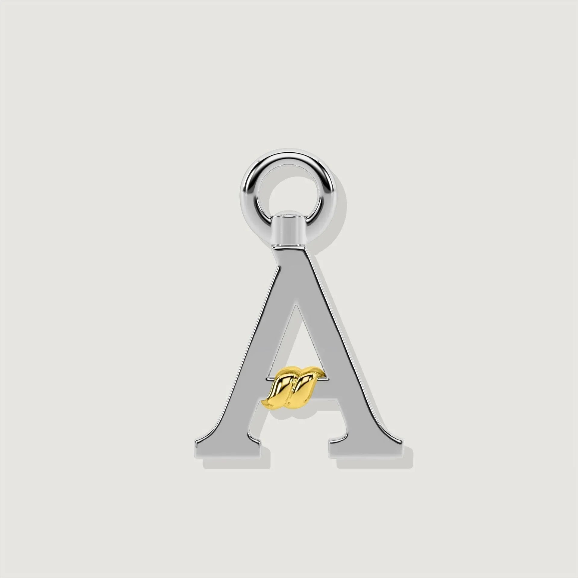 Silver letter A charm with gold rope twist detail at the center.