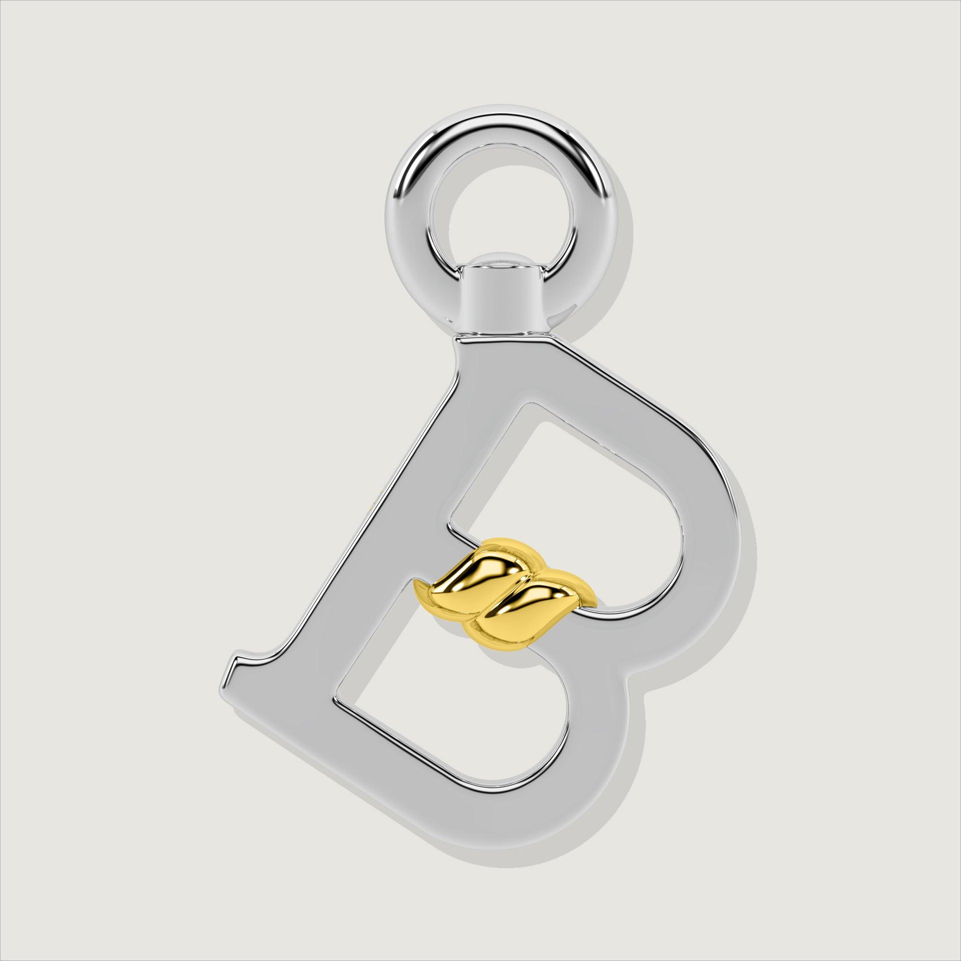 Silver letter B charm with gold rope twist detail at the center.