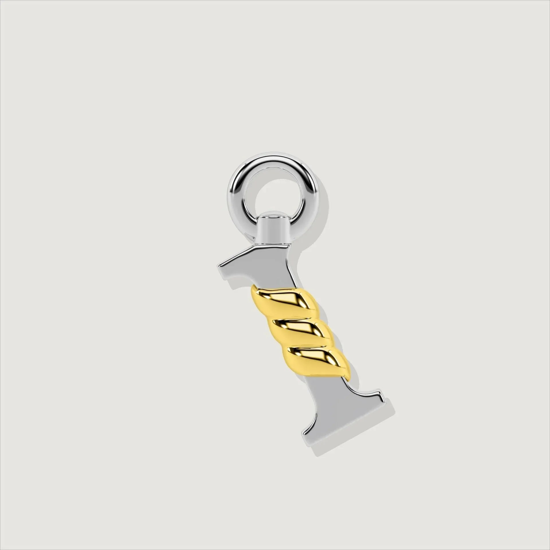 Silver letter I charm with gold rope twist detail at the center.