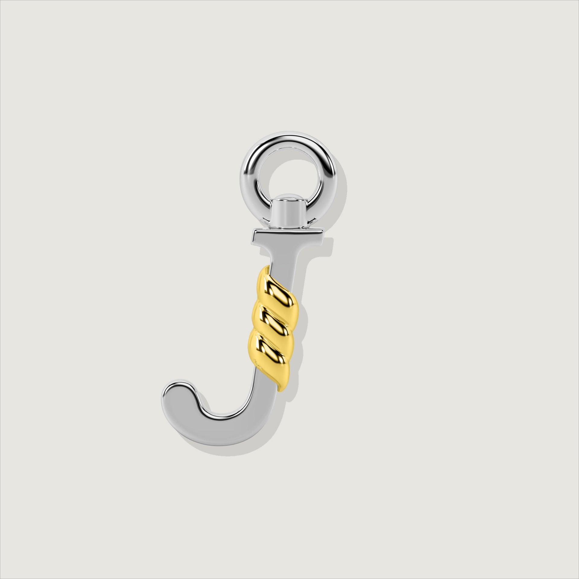 Silver letter J charm with gold rope twist detail.