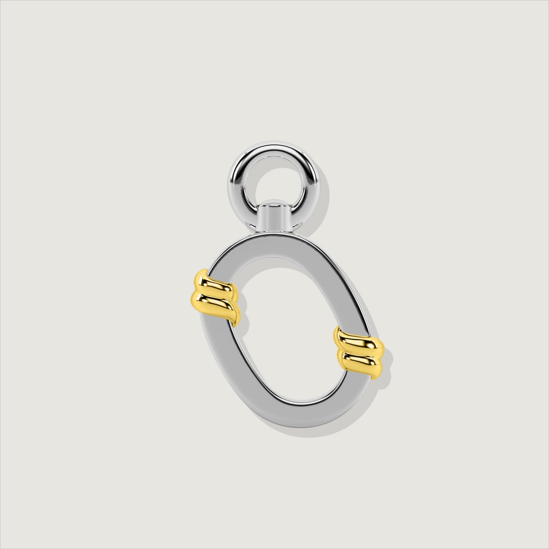 Silver letter O charm with two gold rope twist details.