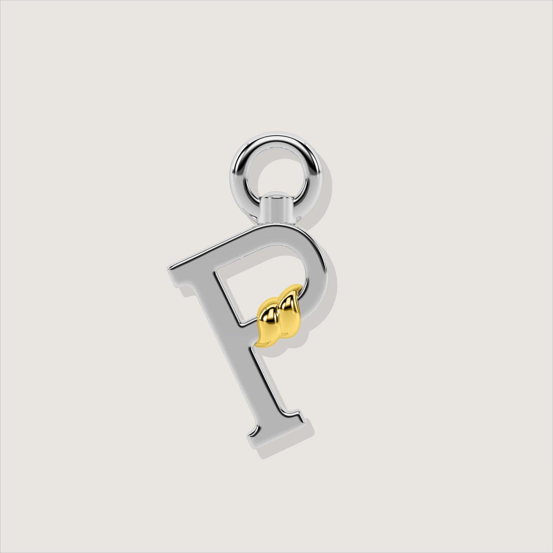 Silver letter P charm with gold rope twist detail.