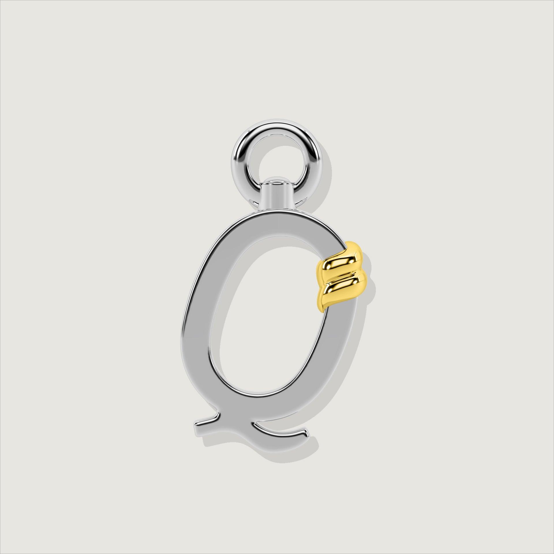 Silver letter Q charm with gold rope twist detail.