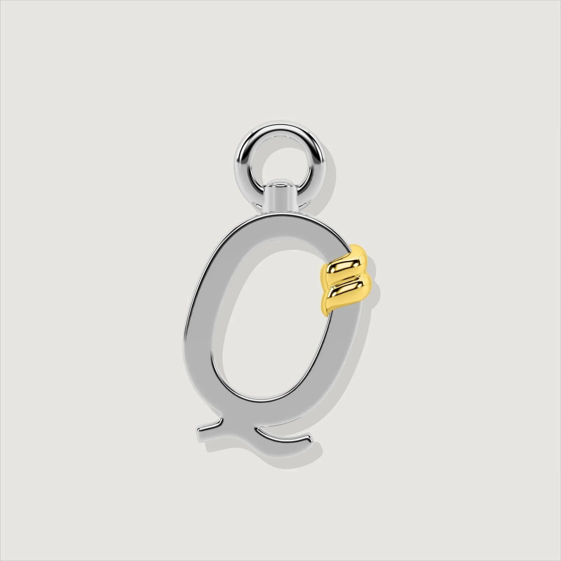 Silver letter Q charm with gold rope twist detail.