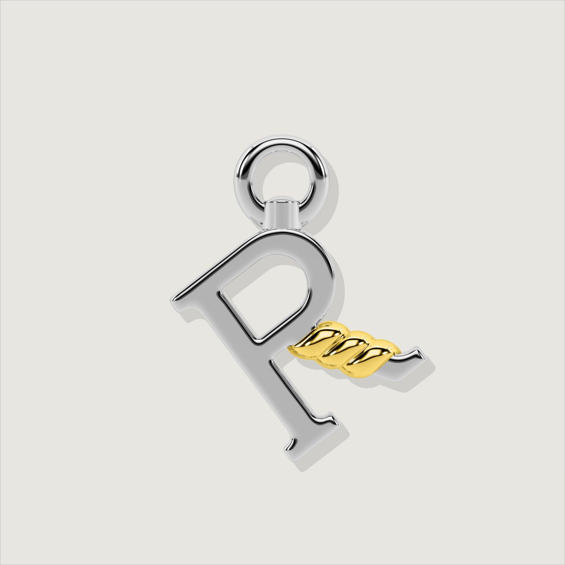 Silver letter R charm with gold rope twist detail.