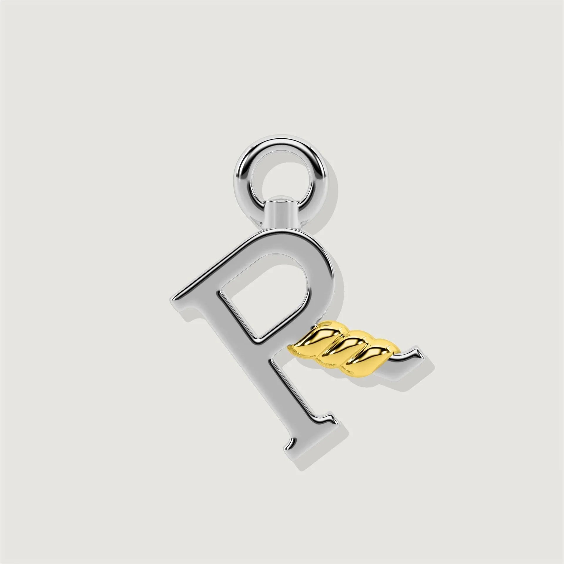 Silver letter R charm with gold rope twist detail.