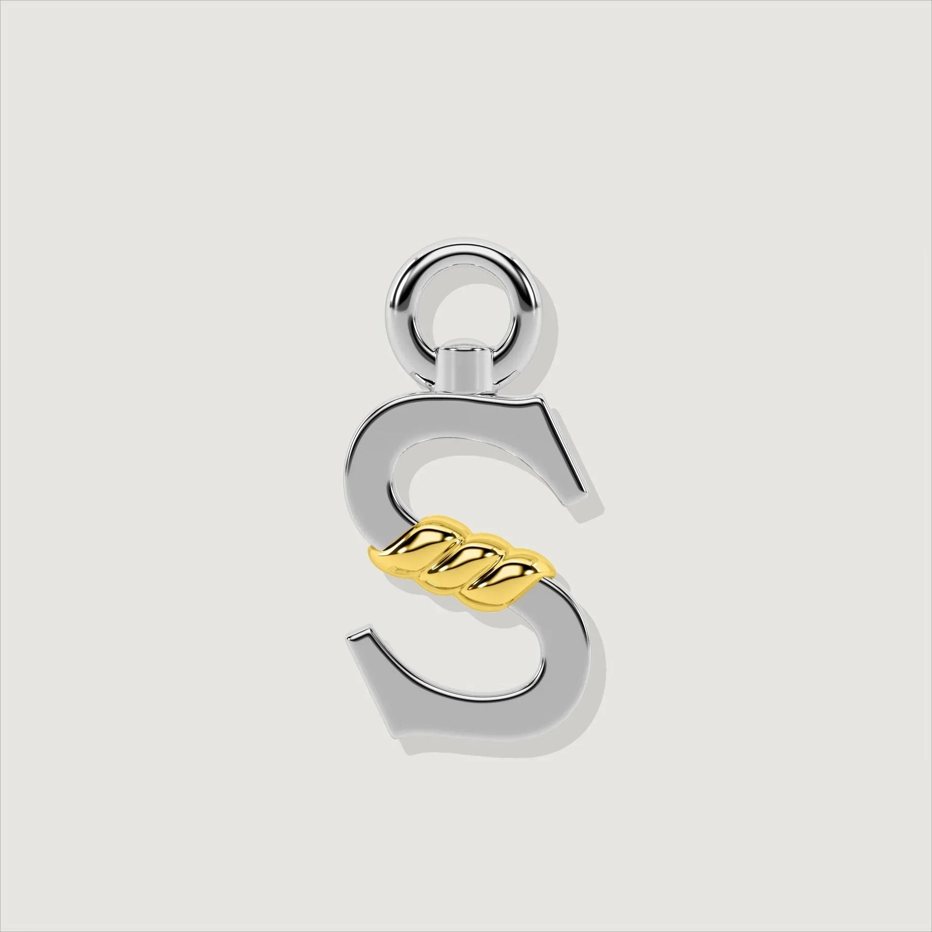 Silver letter S charm with gold rope twist detail at the center.