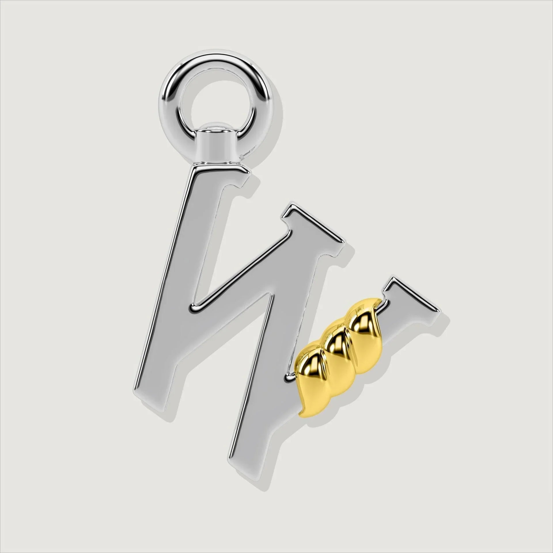 Silver letter W charm with gold rope twist detail.