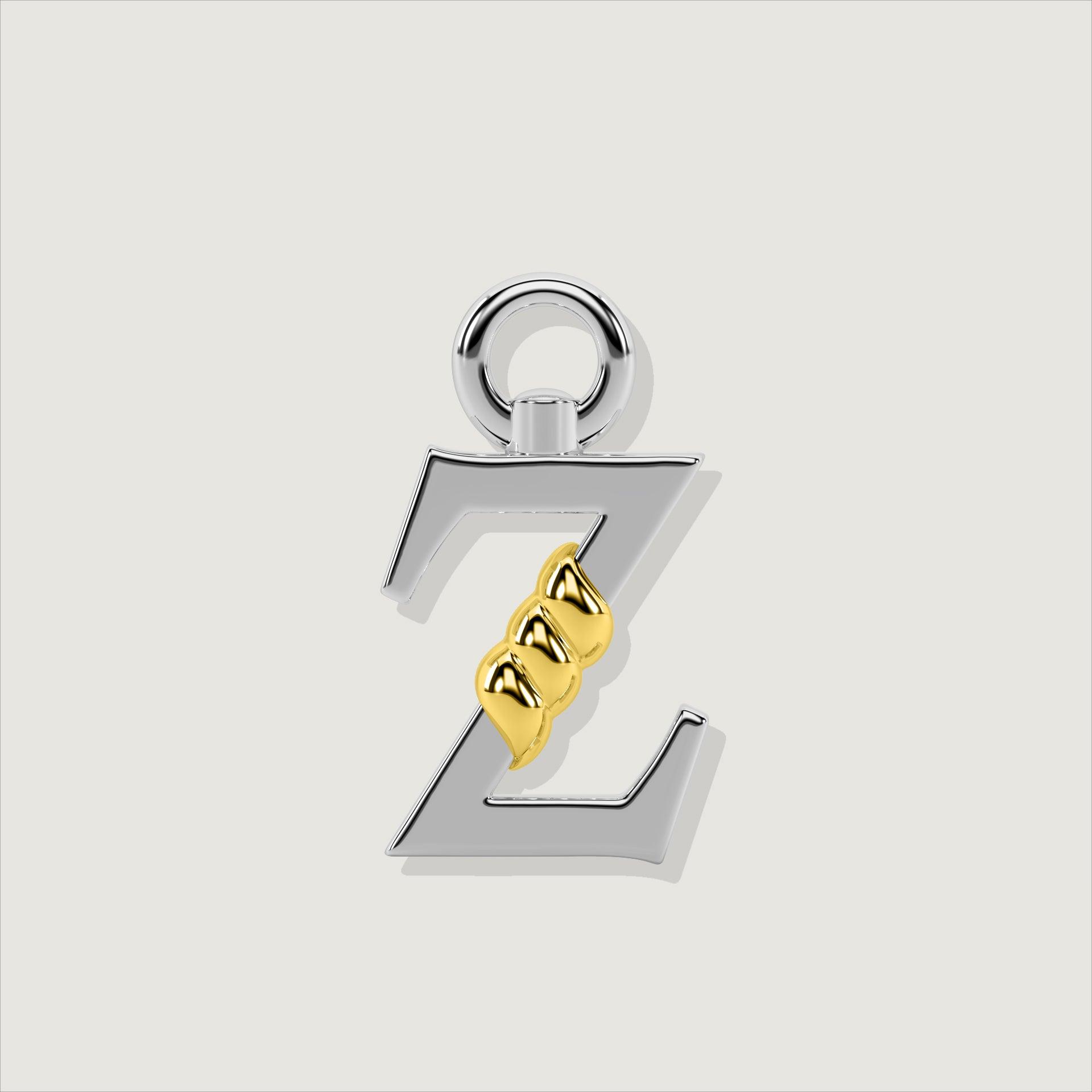 Silver letter Z charm with gold rope twist detail.