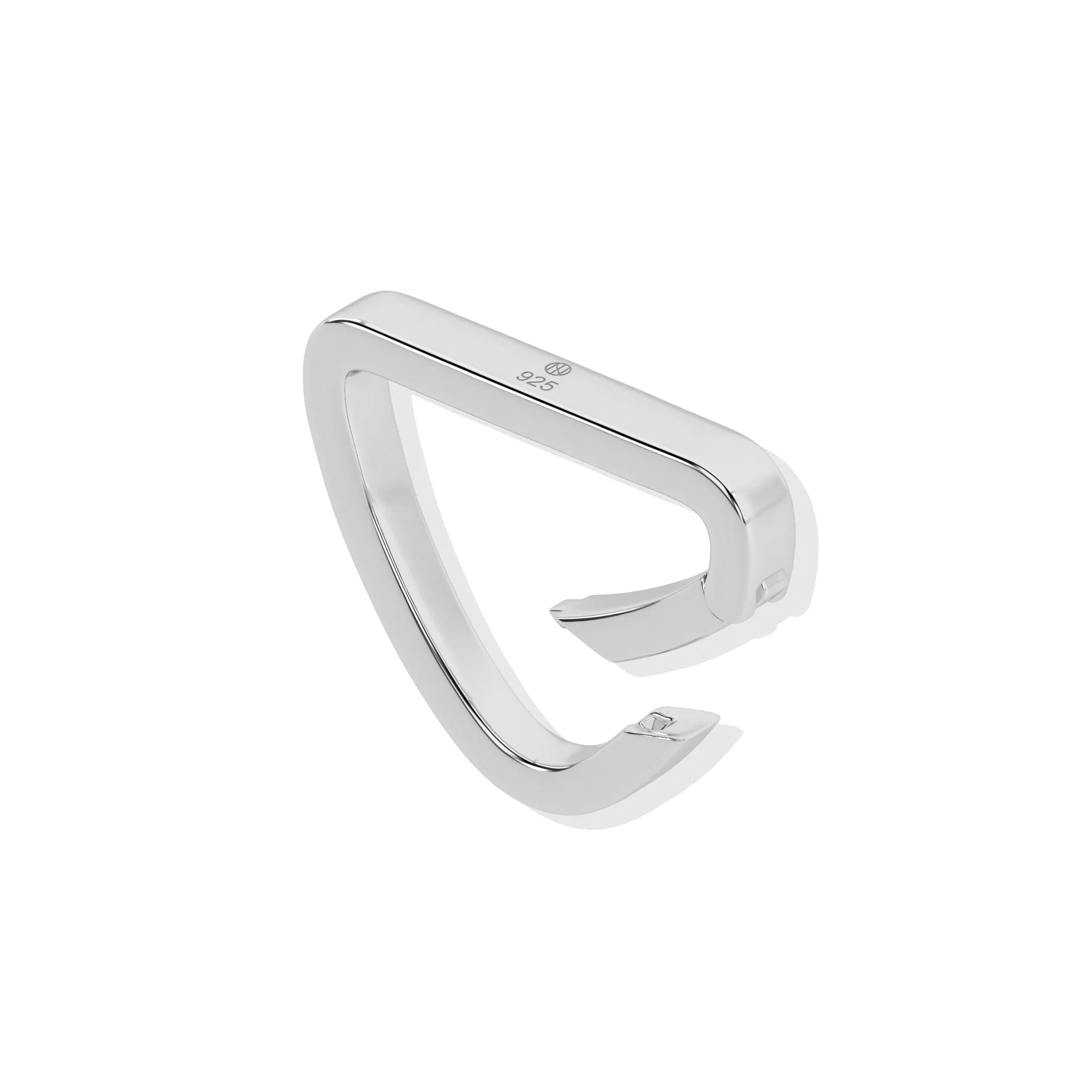 Detailed view of a silver triangular connector with a hinged clasp, engraved with 925.