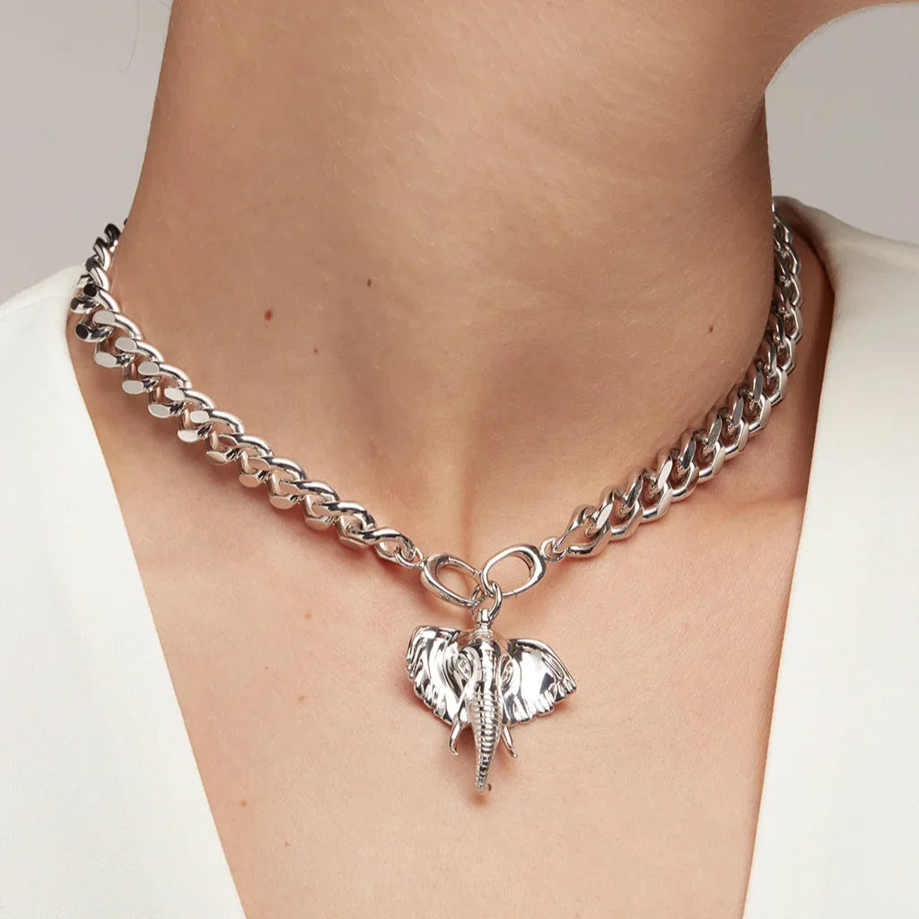 Bold silver chain necklace with detailed elephant pendant