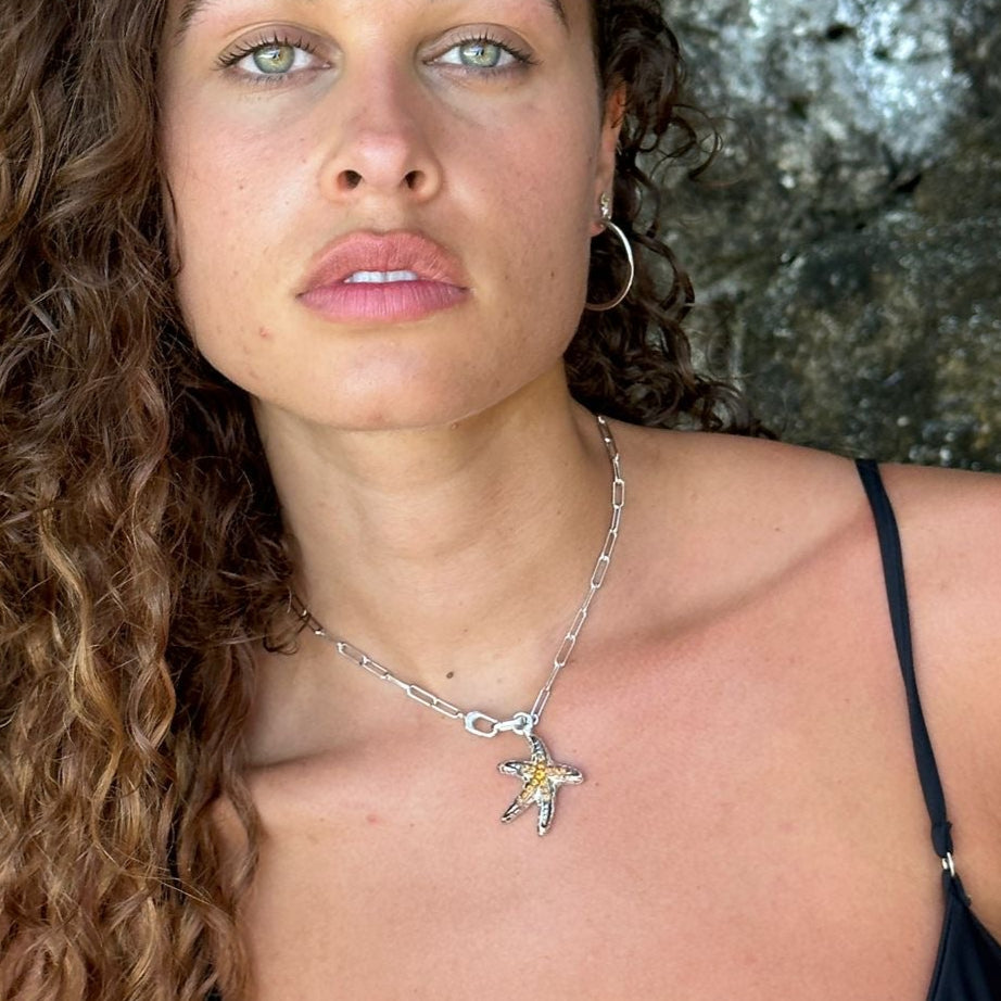Woman wearing silver chain necklace with sparkling starfish charm.